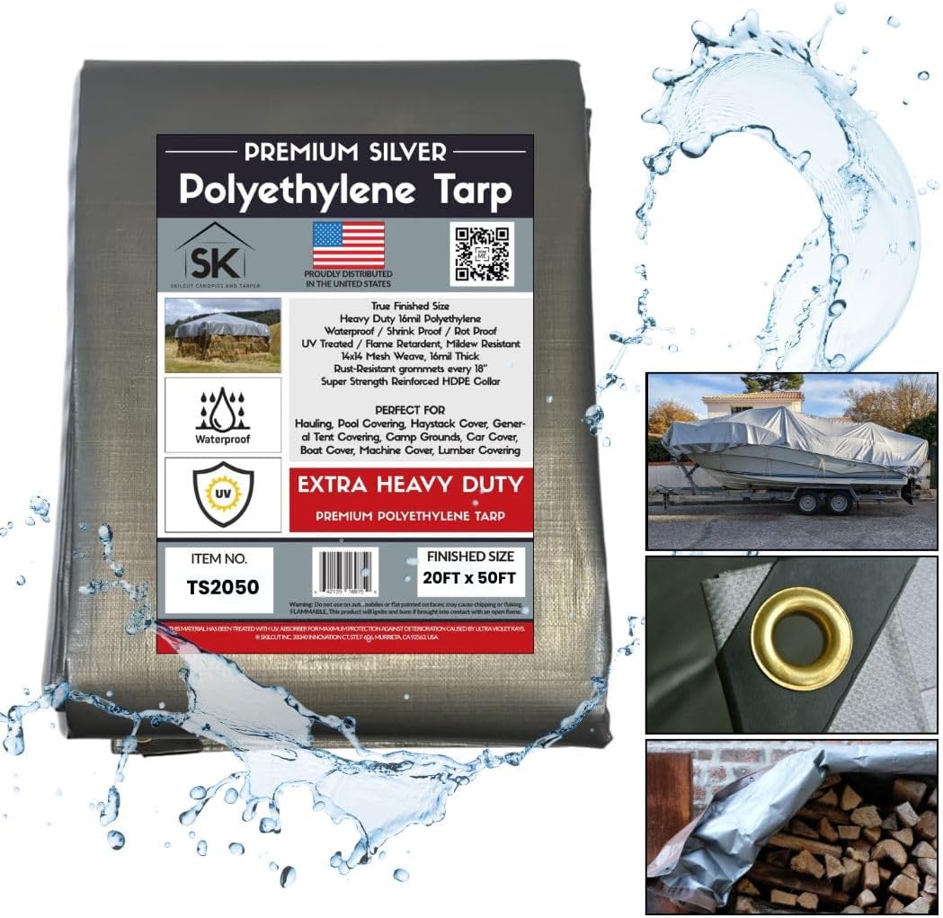 Silver Extra Heavy Duty 16 Mil Poly Tarp Canopy/Cover/Industrial/Agricultural 20x50