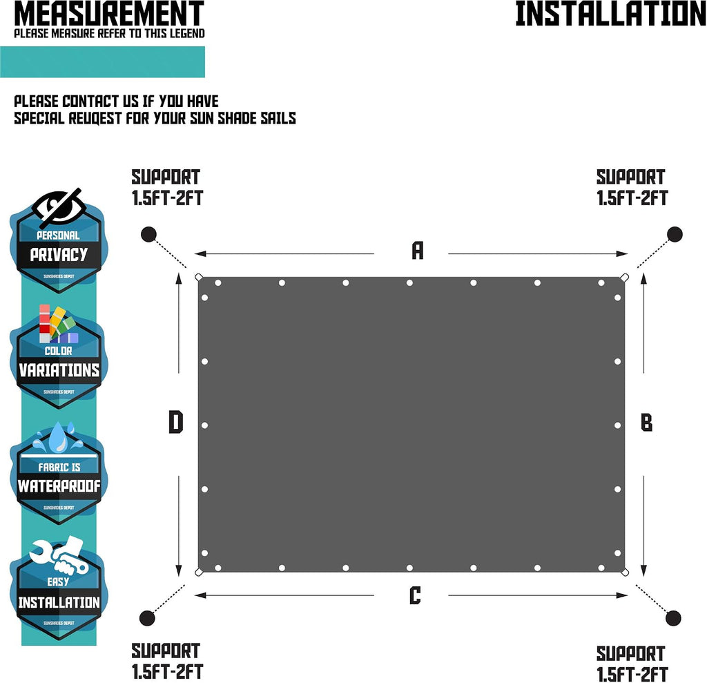 TANG 12' x 16' Waterproof Shade Cloth with Grommets, Sun Shade Sail Rectangle Straight Side, 260 GSM UV Block Fabric Patio Canopy for Deck Carport Backyard Pergola Cover, Turquoise