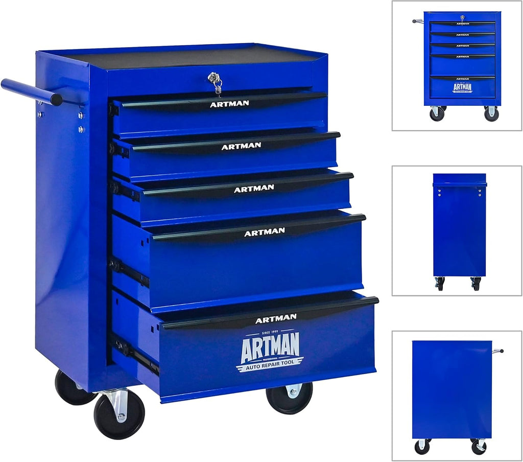 Rolling Tool Box with Wheels, Mechanics Tool Chest with 5 Drawers, Tool Box Organizer with 7 Tool Storage Boxes, Lockable Tool Storage Cabinet for Home Garage Workshop Warehouse Repair Shop, Blue