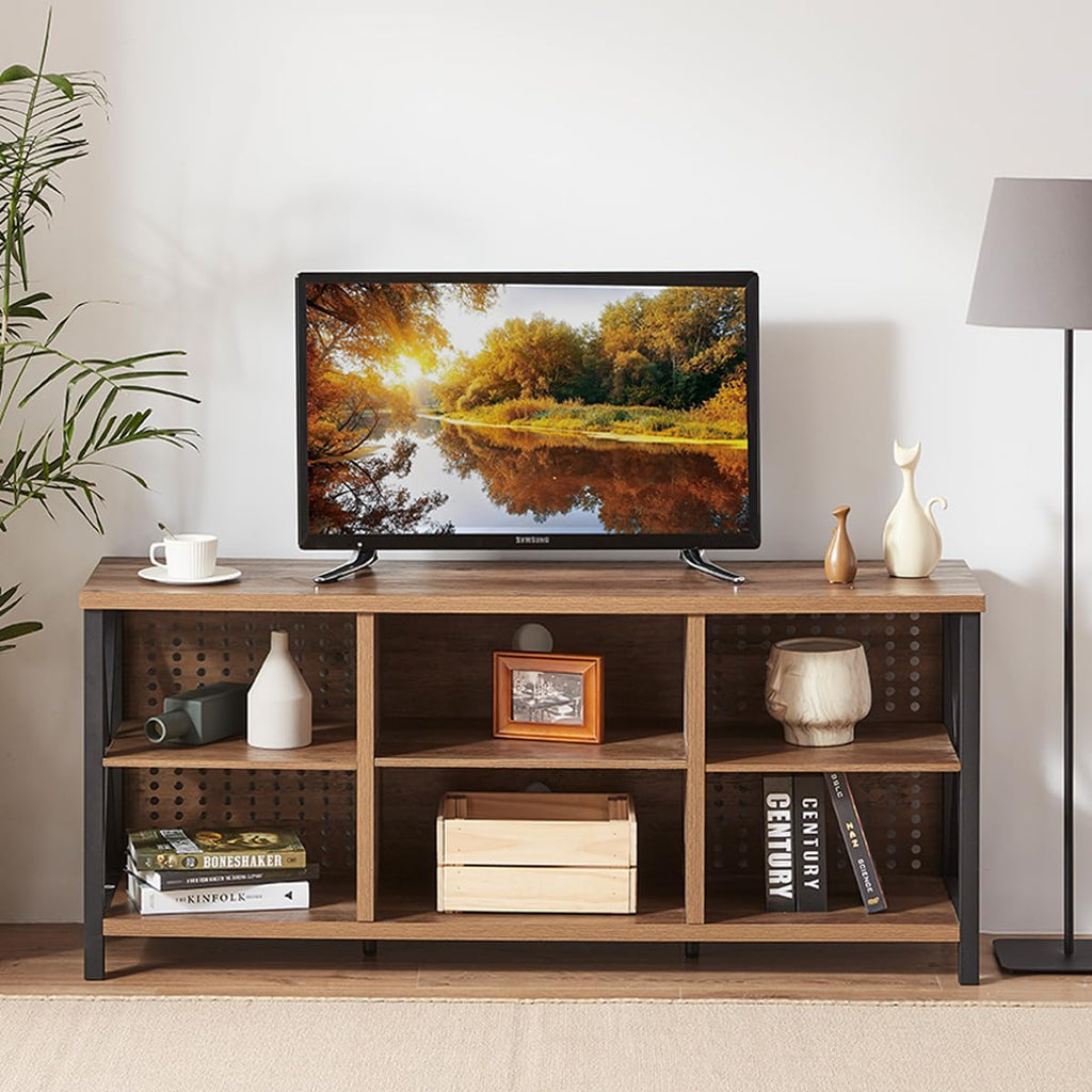 LVB TV Stand for 75 Inch TV, Large Industrial Rustic Entertainment Center with Storage Shelves, Long Modern Wood Metal Television Stand with TV Table Cabinet for Home Living Bedroom, Rustic Oak, 63 In