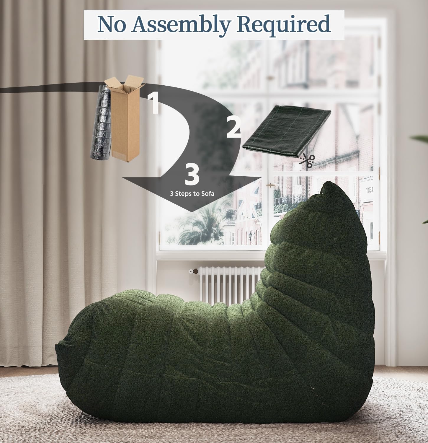 Bean Bag Chairs for Adults, Giant Bean Bag Chair Sofa with Memory Foam, Comfy Beanbag Loveseat Lazy Sofa for Living Room, Bedroom, Apartment, Green