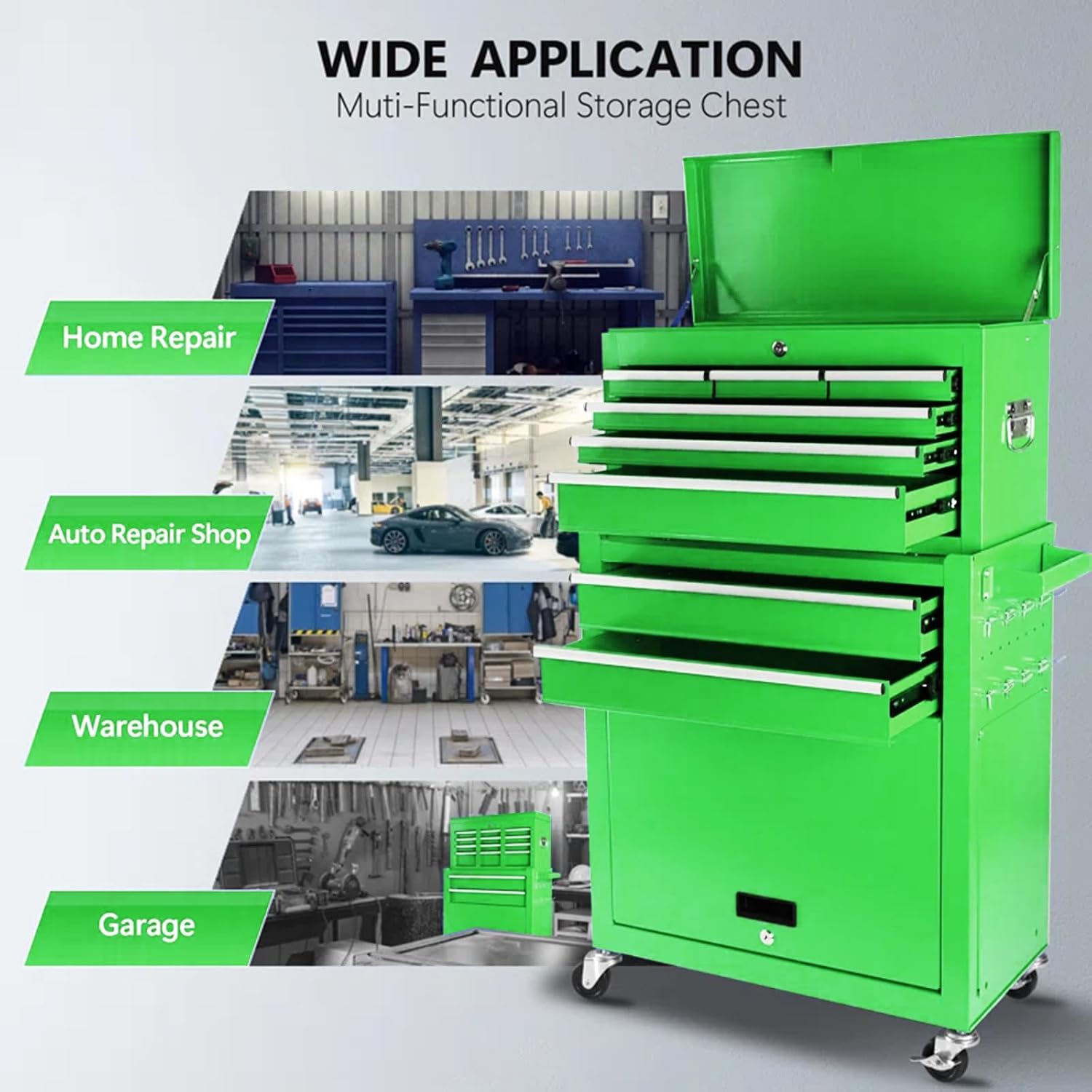 8-Drawer Rolling Tool Chest – 2-in-1 Lockable Tool Box with Wheels, Sliding Drawers & Detachable Top – Garage & Workshop Storage Cabinet, Green