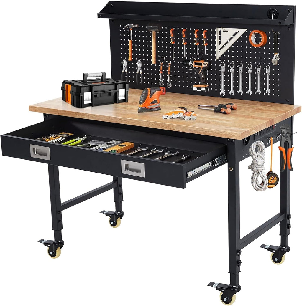 48' Adjustable Workbench with Wheels, 2000 LB Capacity, Power Outlets, Solid Hardwood Top, Heavy Duty Garage Work Table for Workshop, Home Office, DIY
