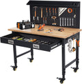 48' Adjustable Workbench with Wheels, 2000 LB Capacity, Power Outlets, Solid Hardwood Top, Heavy Duty Garage Work Table for Workshop, Home Office, DIY