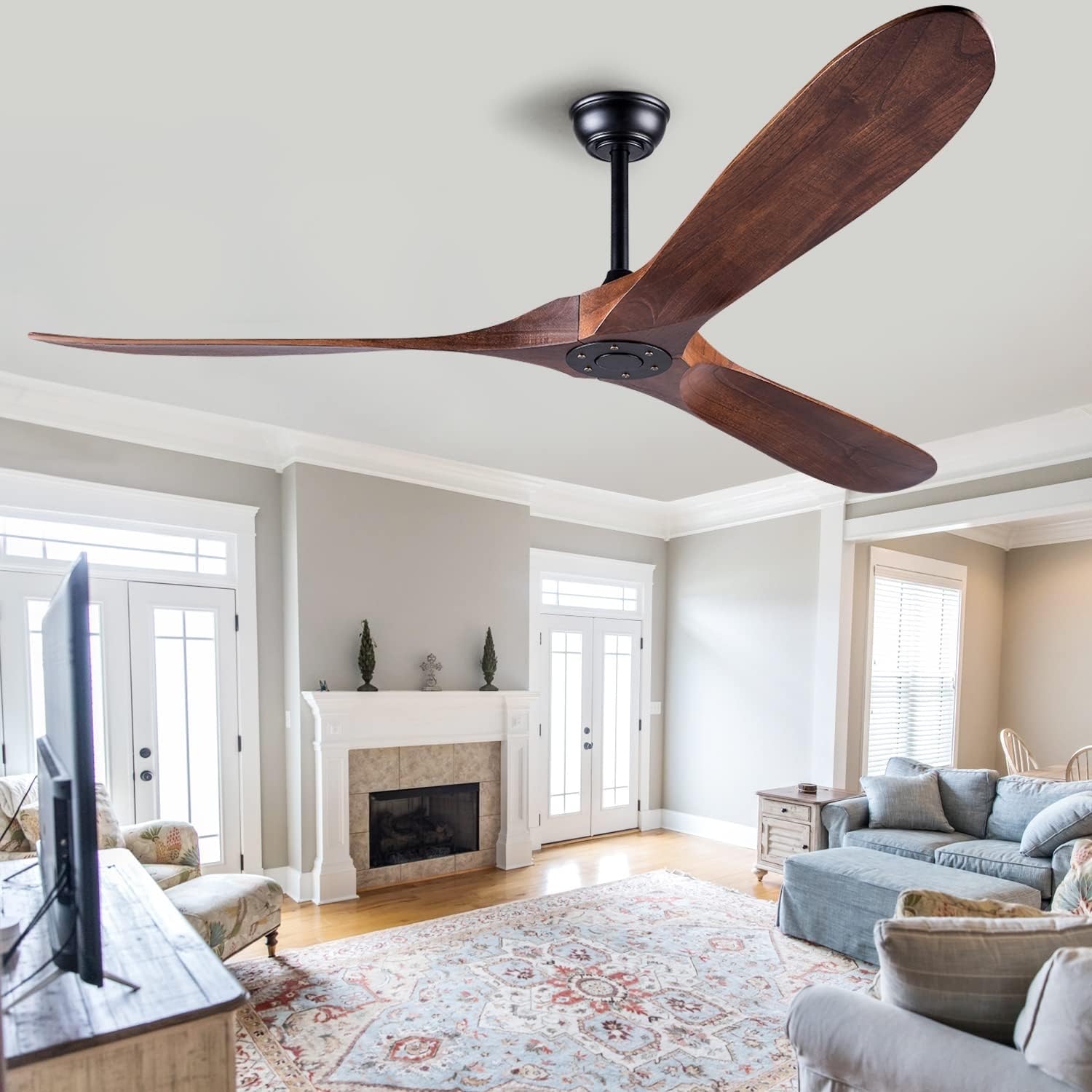 60 Inch Ceiling Fan Without Light ，Wood Indoor Outdoor Ceiling Fans No Light for Patios Living Room Bedroom Porch Big Ceiling Fan for Flat Sloped Ceiling(Walnut)
