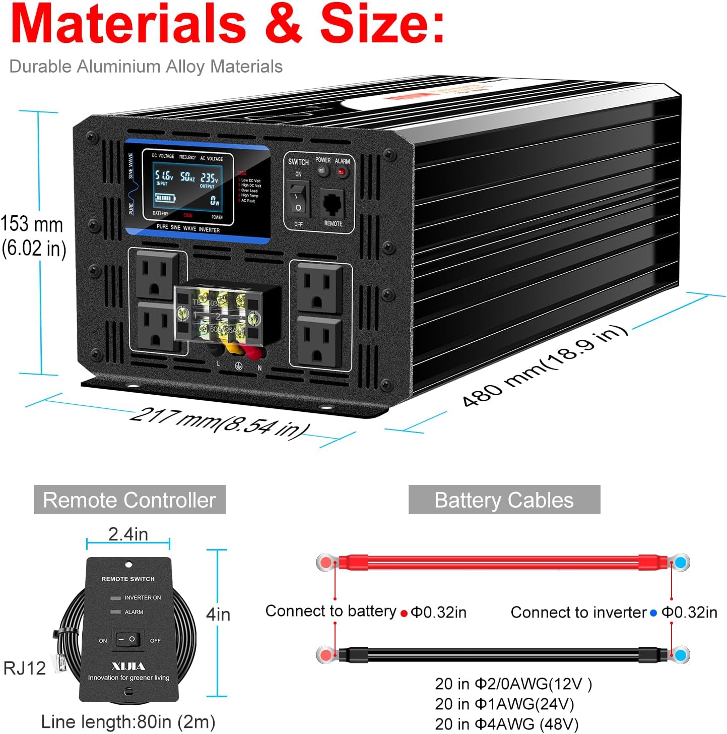 Xijia 5000W Pure Sine Wave Inverter 12V DC to 120V AC Converter for Off-Grid Solar System, Home Backup, RV, Truck – High Efficiency, Low Idle Power, Strong Load Capacity Peak 10000W