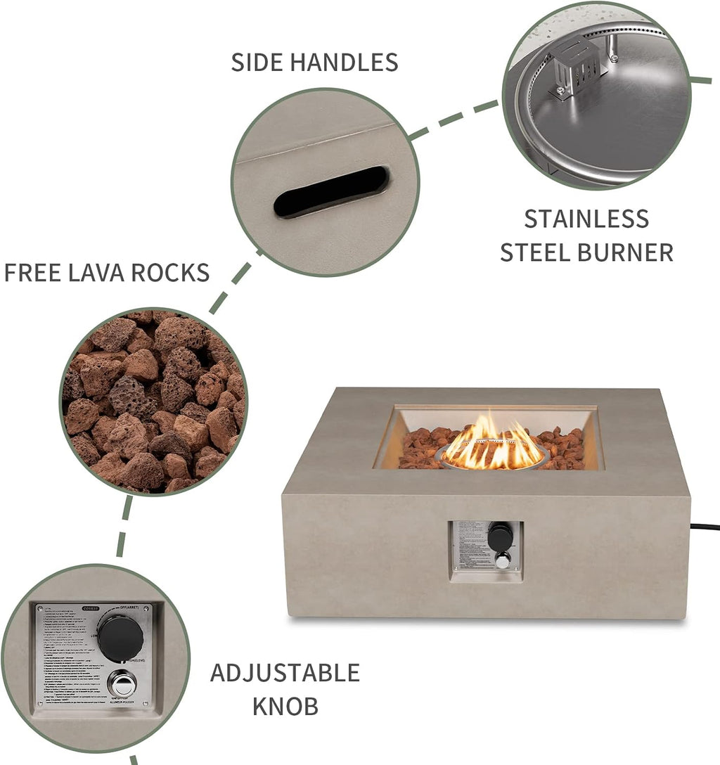 COSIEST 2-Piece Outdoor Propane Fire Pit Table Set w Tank, Gray Faux Stone 35 inch Square Fire Table w 50,000 BTU Stainless Steel Burner, w Metal Lid 20lb Hideway Tank for Garden, Porch