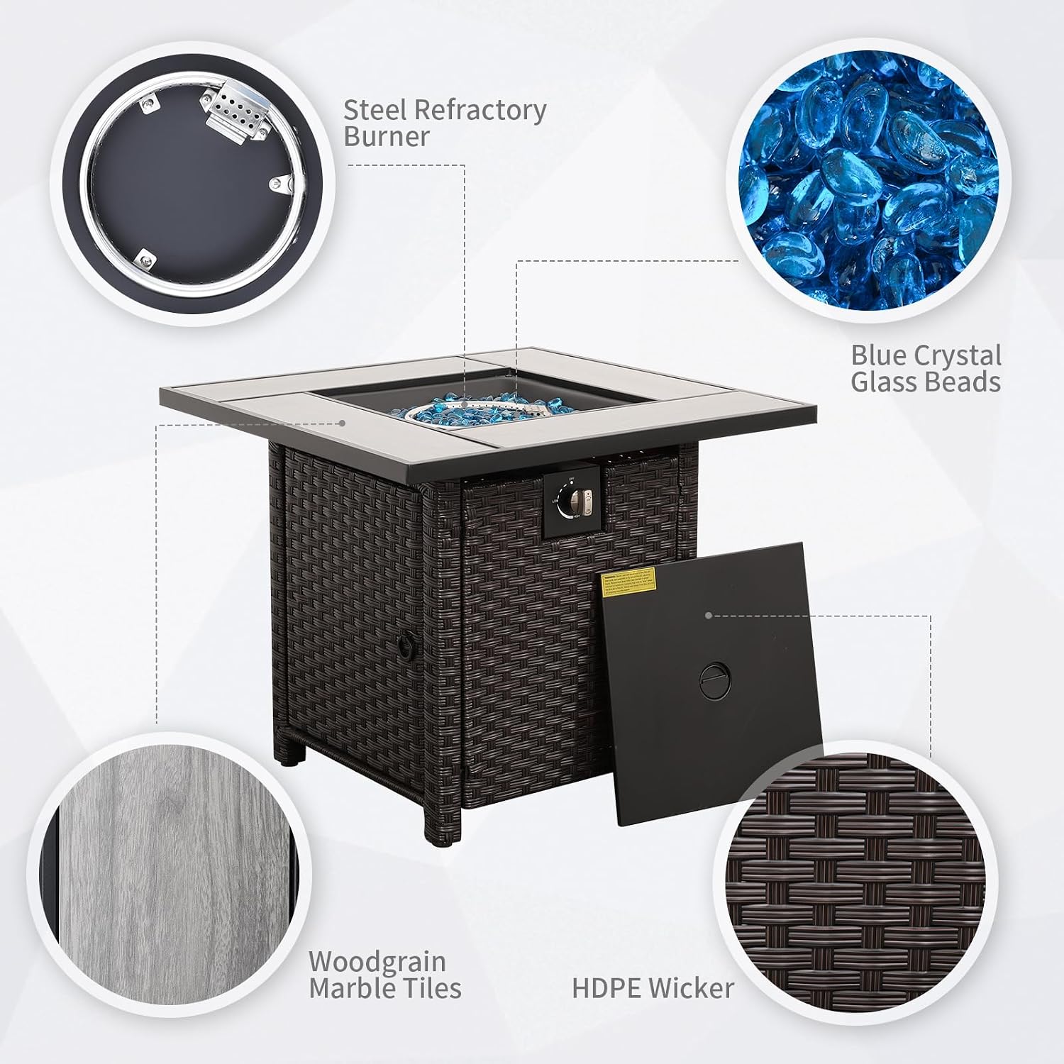50000 BTU Brown Wicker Gas Fire Pit Outdoor Fire Pit Table 30 Inch Fire Pits for Outside with Woodgrain Marble Tabletop Fire Pit Cover and Blue Crystal Beads