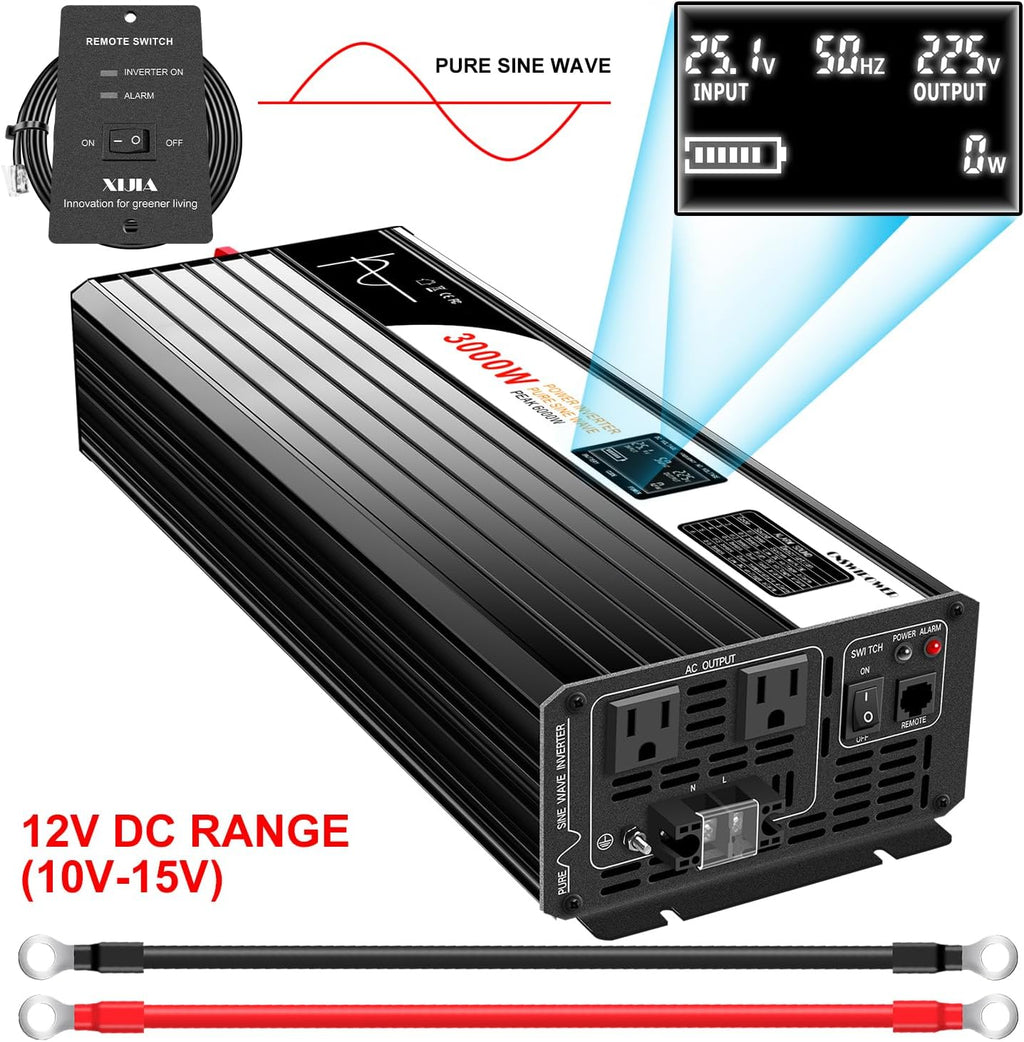 Xijia 3000W Pure Sine Wave Inverter 12V DC to 120V AC Converter for Home, RV, Truck, Off-Grid Solar Power 110V with Smart Bluetooth App Remote Control