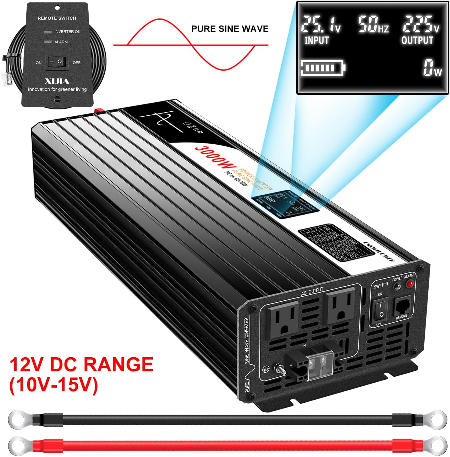 Xijia 3000W Pure Sine Wave Inverter 12V DC to 120V AC Converter for Home, RV, Truck, Off-Grid Solar Power 110V with Smart Bluetooth App Remote Control