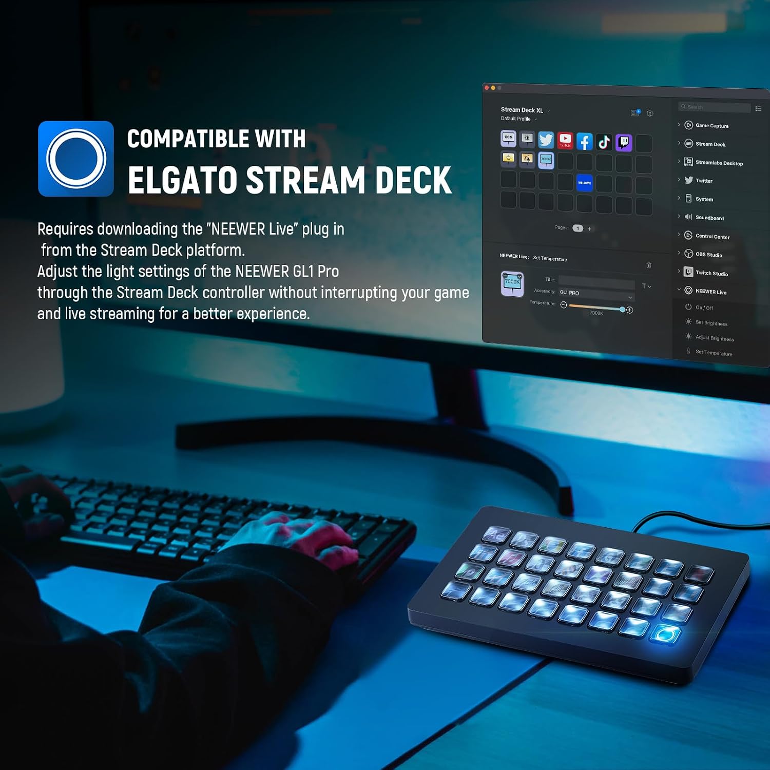 NEEWER GL1 PRO 15.5' Key Light Streaming Light, Video Light with 2.4G PC/Mac iOS/Android APP Control, 2800LM LED Panel Light with Desk Clamp Compatible with Elgato Stream Deck for Gaming Zoom, Silver