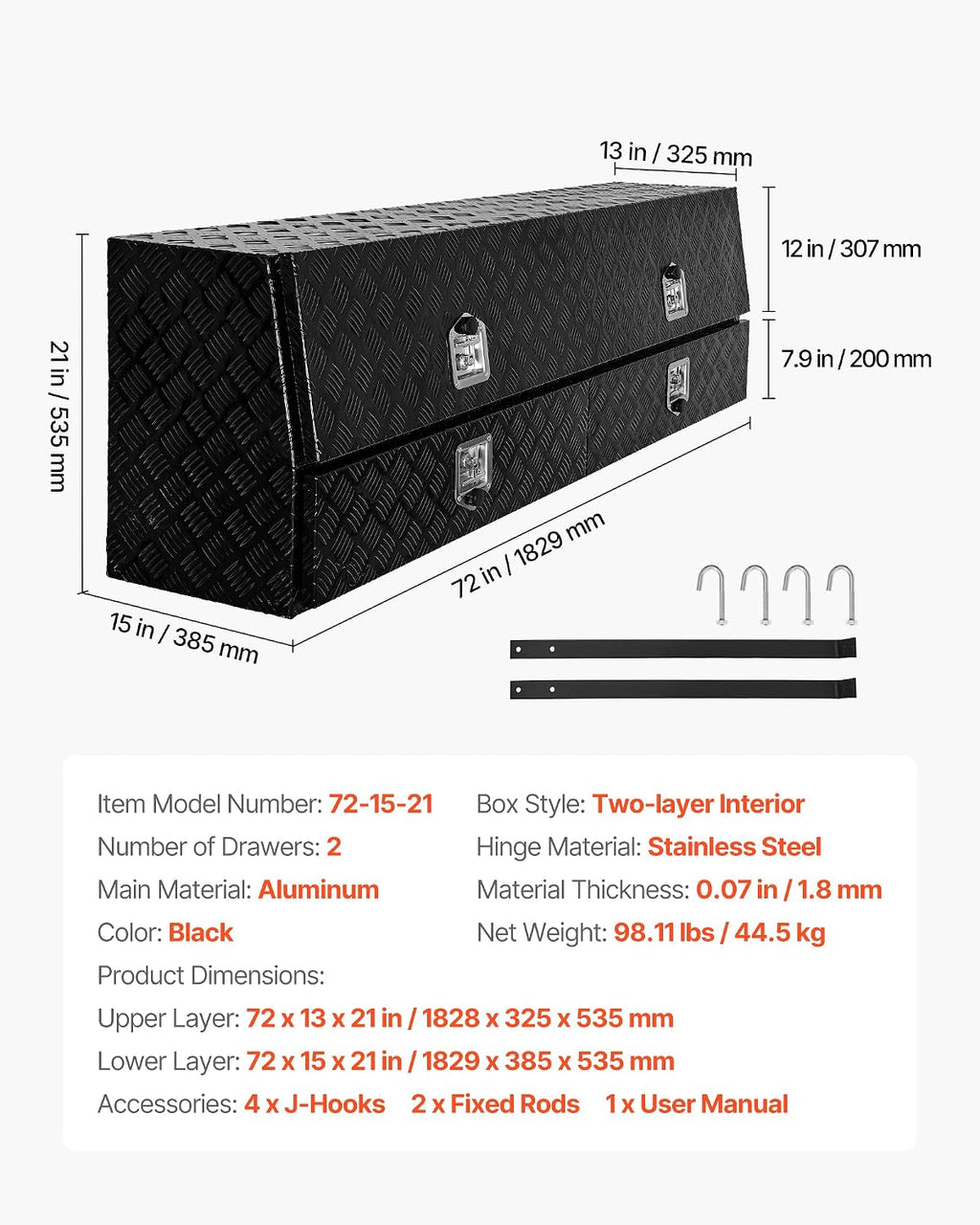 VEVOR Contractor Truck Tool Box, 72 x 21 x 13 in, Black Tread Aluminum TopSider Toolbox with Two Lower Drawers, Flip Up Door, Weather-Resistant Heavy Duty Storage Box with Latch, for Truck Bed Pickup