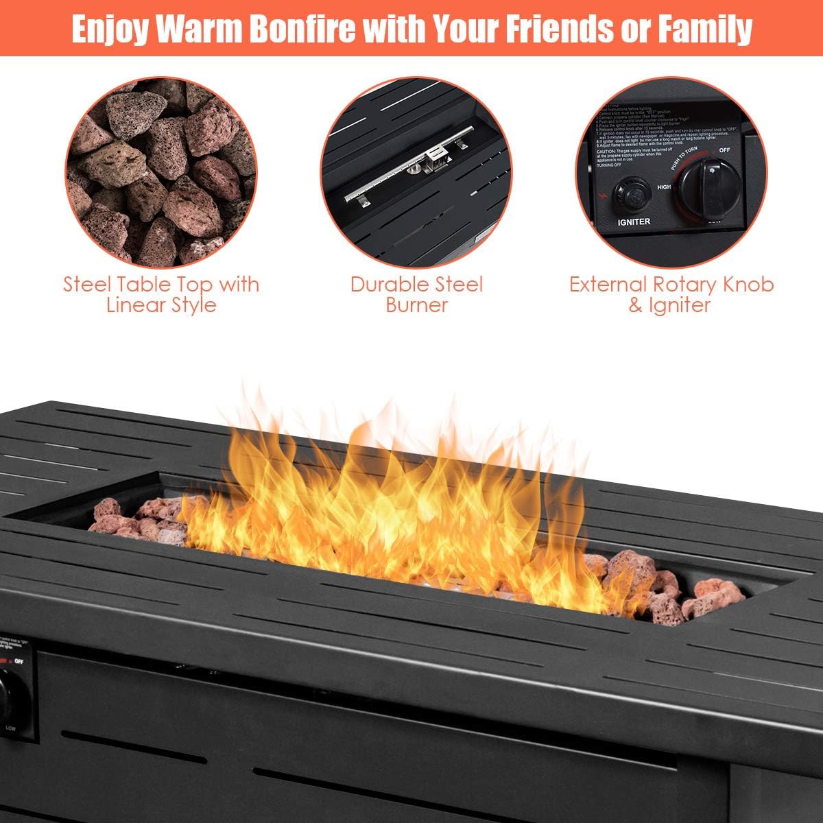 Giantex Propane Fire Pit Table, 42 Inch 60,000 BTU Rectangular Gas Fire Table w/Waterproof Cover, Outdoor Electronic Ignition Firepit Table w/Lava Rock for Courtyard Balcony Garden Terrace