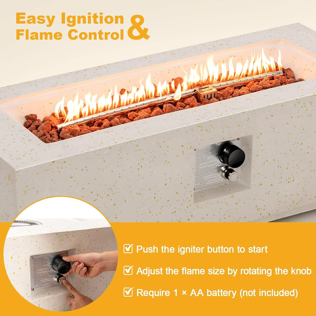 Tangkula 50,000 BTU Outdoor Fire Pit Table, 42' Rectangle Terrazzo Propane Gas Fire Table with Auto-Ignition, Stainless Steel Burner, Lava Rocks & Rain Cover for Patio Backyard Poolside