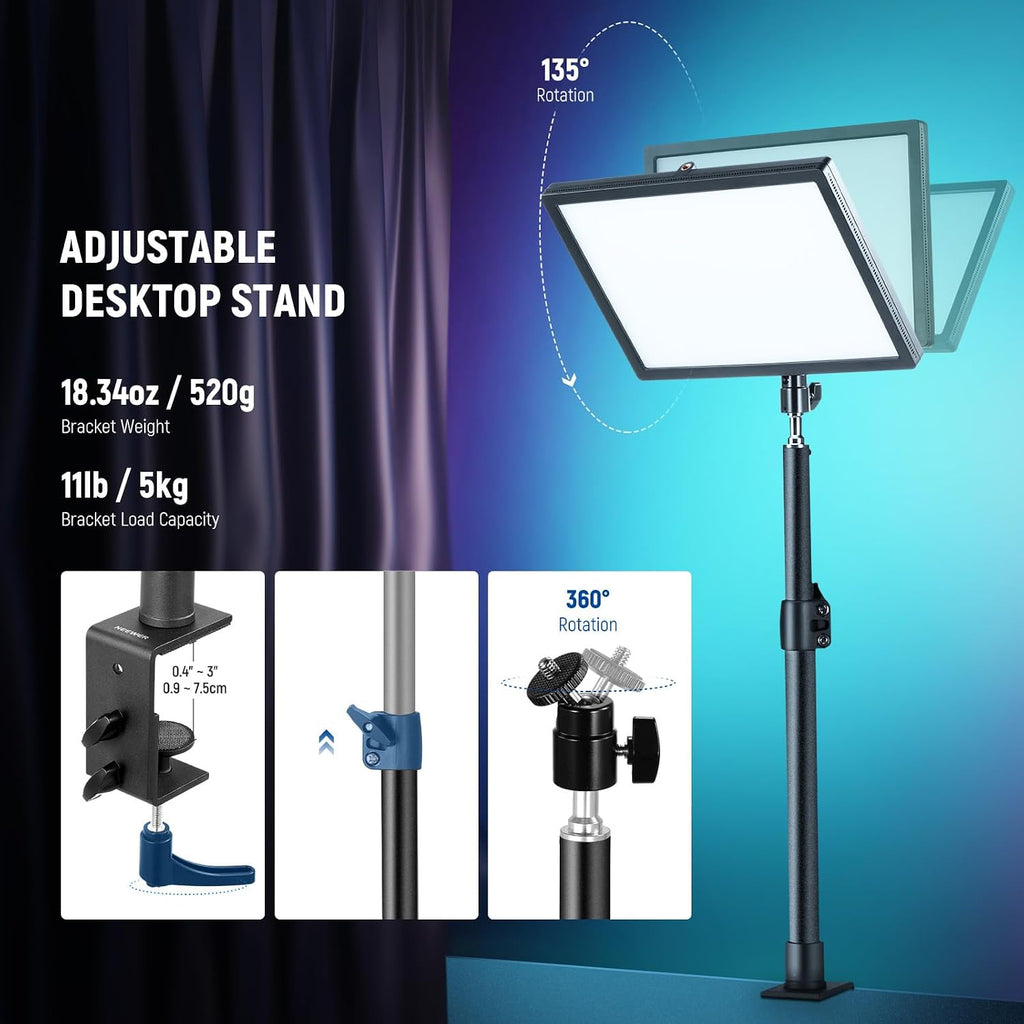 NEEWER GL25C LED RGB Streaming Key Light, APP/PC Control 25W 2500Lux/0.5m 2900K-7000K CRI95+/TLCI97+ Full RGB Dimmable Edge Emitting Silent Webcam Video Light with Desk Stand
