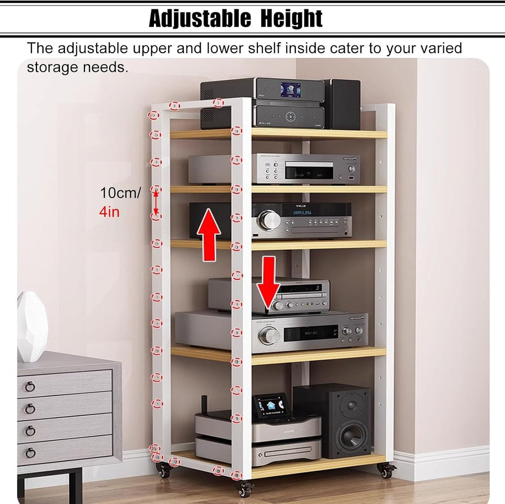 Heavy Duty HiFi Rack 2 3 4 5 Tier Av Media Stand Wood Shelf, Studio Audio Rack Tower Equipment, Gaming Console Stand Shelf/Music Living Room Stereo Video System Racks(White,5-Tier)