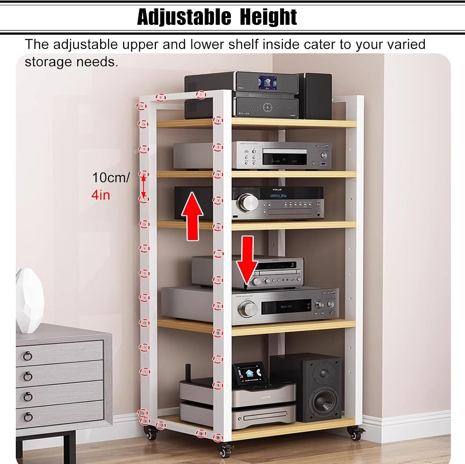 Heavy Duty HiFi Rack 2 3 4 5 Tier Av Media Stand Wood Shelf, Studio Audio Rack Tower Equipment, Gaming Console Stand Shelf/Music Living Room Stereo Video System Racks(White,5-Tier)