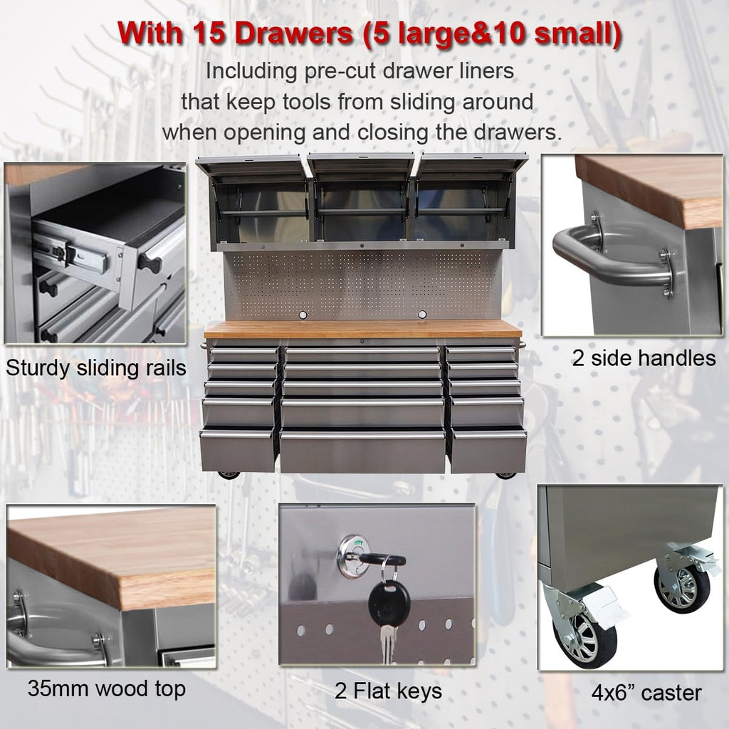 72-Inch Stainless Steel Rolling Tool Chest with 15 Drawers + 3 Upper Cabinets, Mobile Workbench, Assembled Large Tool Box Lockable Storage Cabinet with Wheels for Garage Workshop