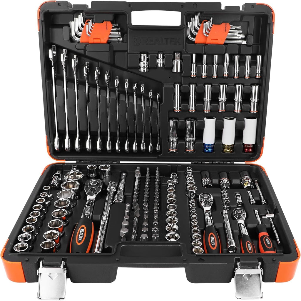 REALTEK 178 Pieces Socket Wrench Set 1/4'3/8'1/2',CR-V Metric Wrench Set with Extension Bar,Quick-Release Ratchet Wrench with Bit Socket Set for Auto Repairing,Household and Workshop,Durable Tool Box