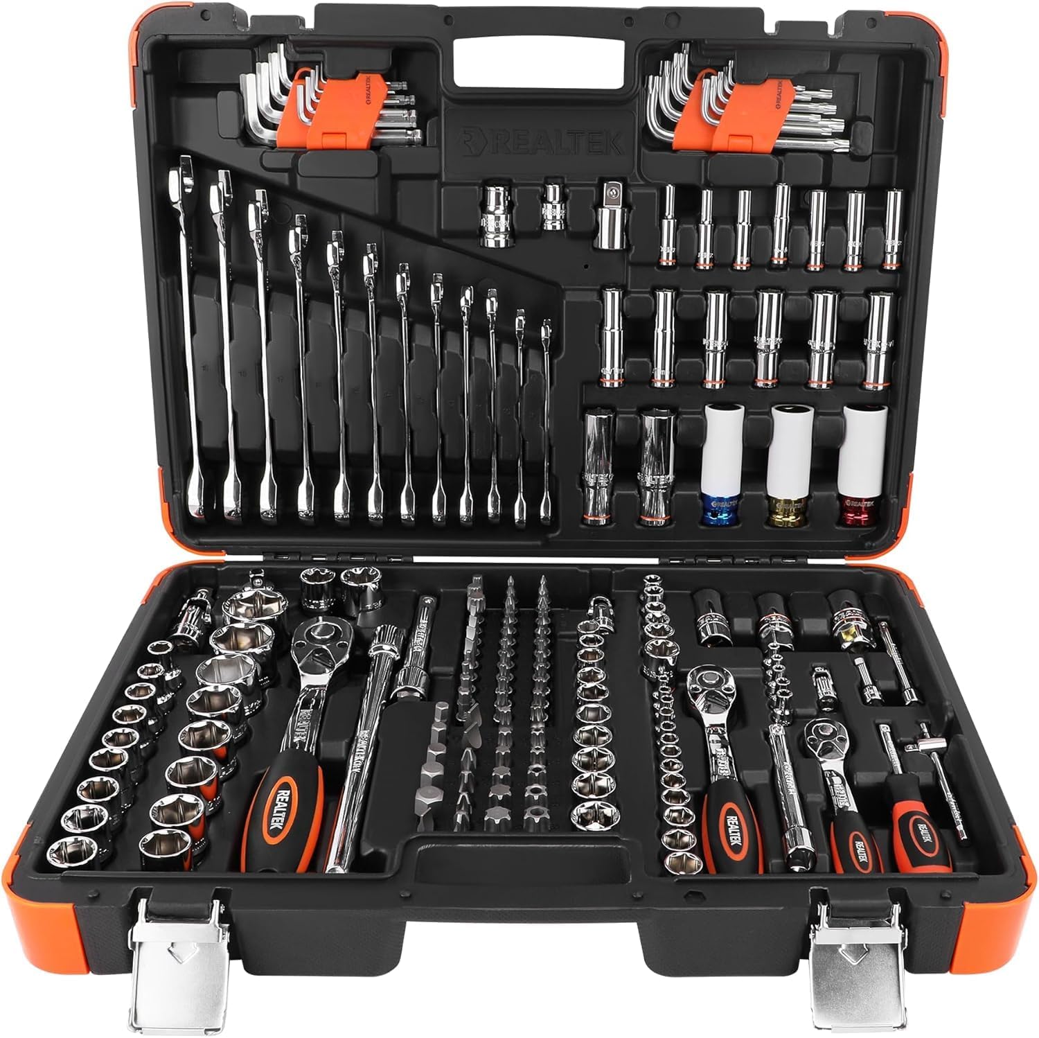 REALTEK 178 Pieces Socket Wrench Set 1/4'3/8'1/2',CR-V Metric Wrench Set with Extension Bar,Quick-Release Ratchet Wrench with Bit Socket Set for Auto Repairing,Household and Workshop,Durable Tool Box