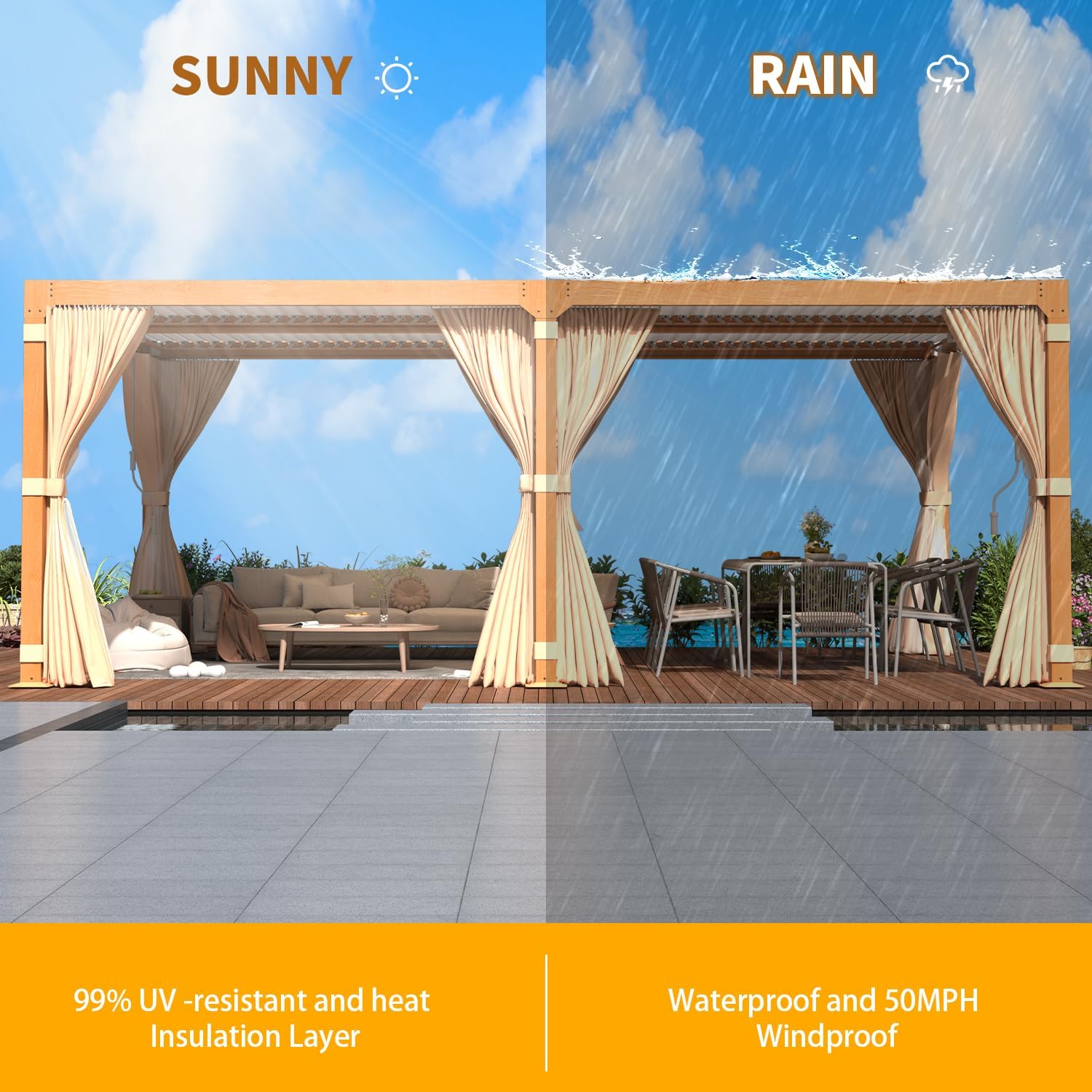 YOLENY Louvered Pergola 12x20, All Aluminum Pergola with Adjustable Rainproof Roof, Outdoor Pergola with Curtains and Nets for Patio & Garden, Woodgrain