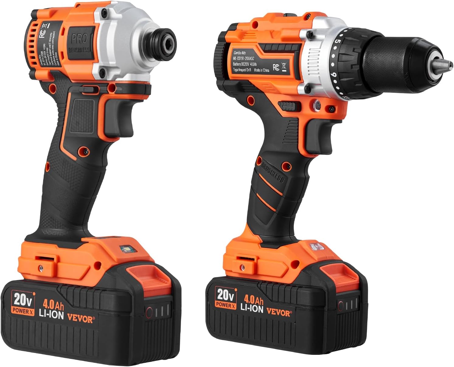 VEVOR Tool Combo Kit, 20V Max Cordless 2-Tool Combo Kit, with 1/2 in Impact Drill, 1/4 in Impact Driver, Compact Cordless Power with 4.0 Ah Batteries, Screws, Charger, and Cloth Bag