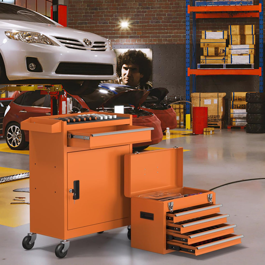 5-Drawers Tool Chest, 2-in-1 Rolling Tool Box with Wheels and Drawers, Detachable Storage Toolbox with Lock, Heavy-Duty Metal Tool Cart for Garage, Workshop (Orange)