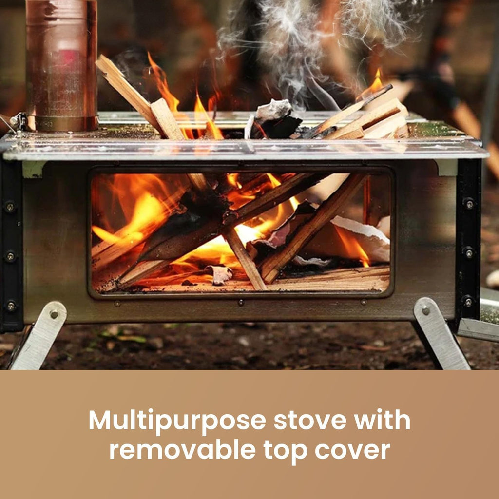 S'more Camping Hot Tent Stove, Portable Folding Stainless Steel Stove, Outdoor Wood Burning Stove for Shelter Backpacking Hunting Cooking with 7.2ft Chimney Pipe and Replaceable Window Trim Frame