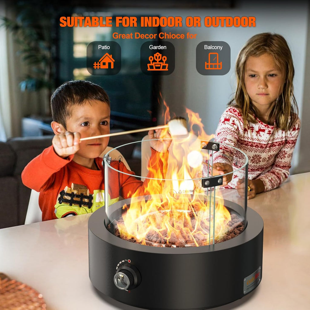 Portable Propane Gas Fire Pit Bottom-Mounted for Table with Umbrella Hole, Tabletop Smokeless Firepit with Wind Guard for Patio Camping RV Tailgating, 23000BTU, Round FP039
