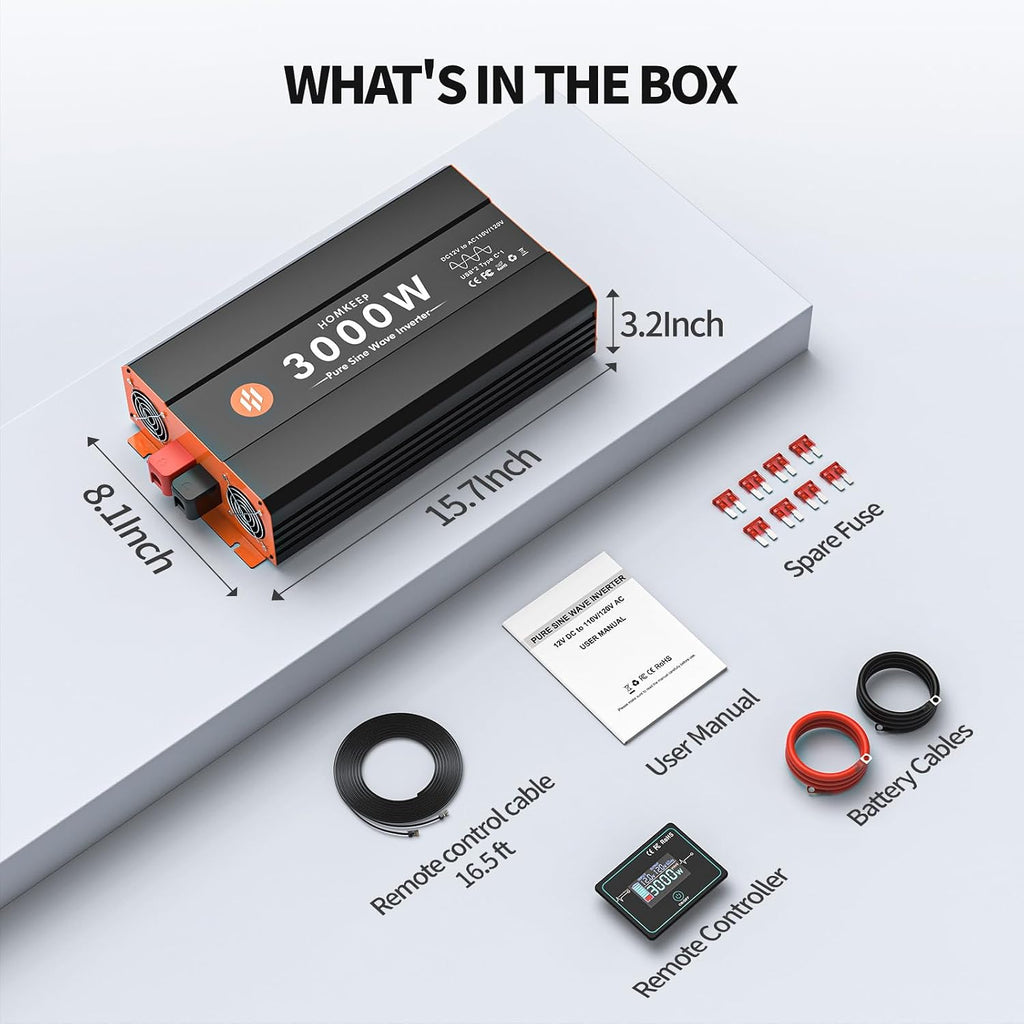 3000W Pure Sine Wave Power Inverter 12V DC to 110V AC Converter Peak Power 6000W for RV Truck Off-Grid Solar Car Inverter with 4 AC Outlets, 2 USB & 1 Type-C Ports, Cables Included, Remote Controller