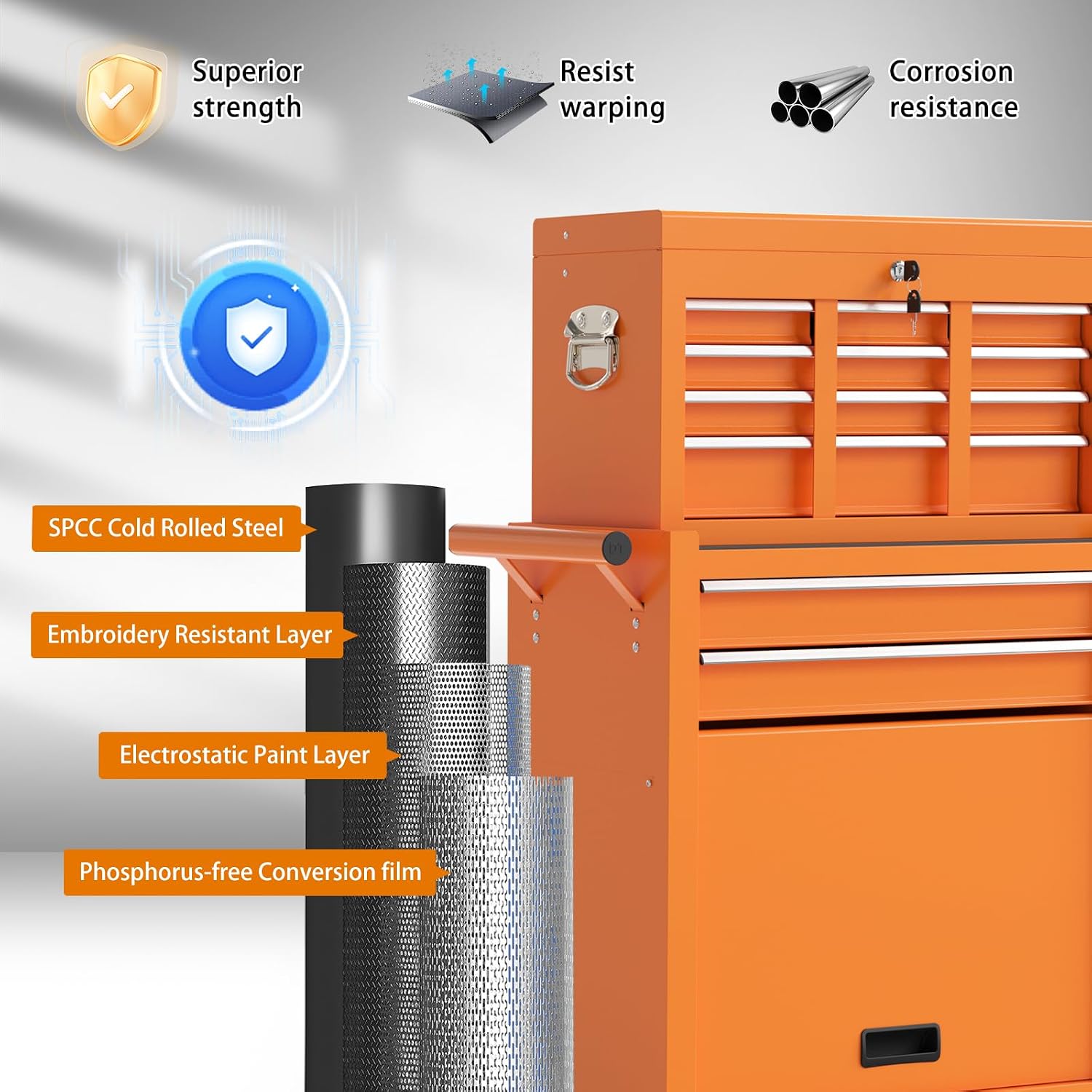 8-Drawer Rolling Tool Chest with Wheels, 2-in-1 Detachable Tool Box with Drawers and Large Cabinet, Rolling Tool Chest Storage Cabinet with Lockable for Warehouse, Garage, Workshop (Orange)