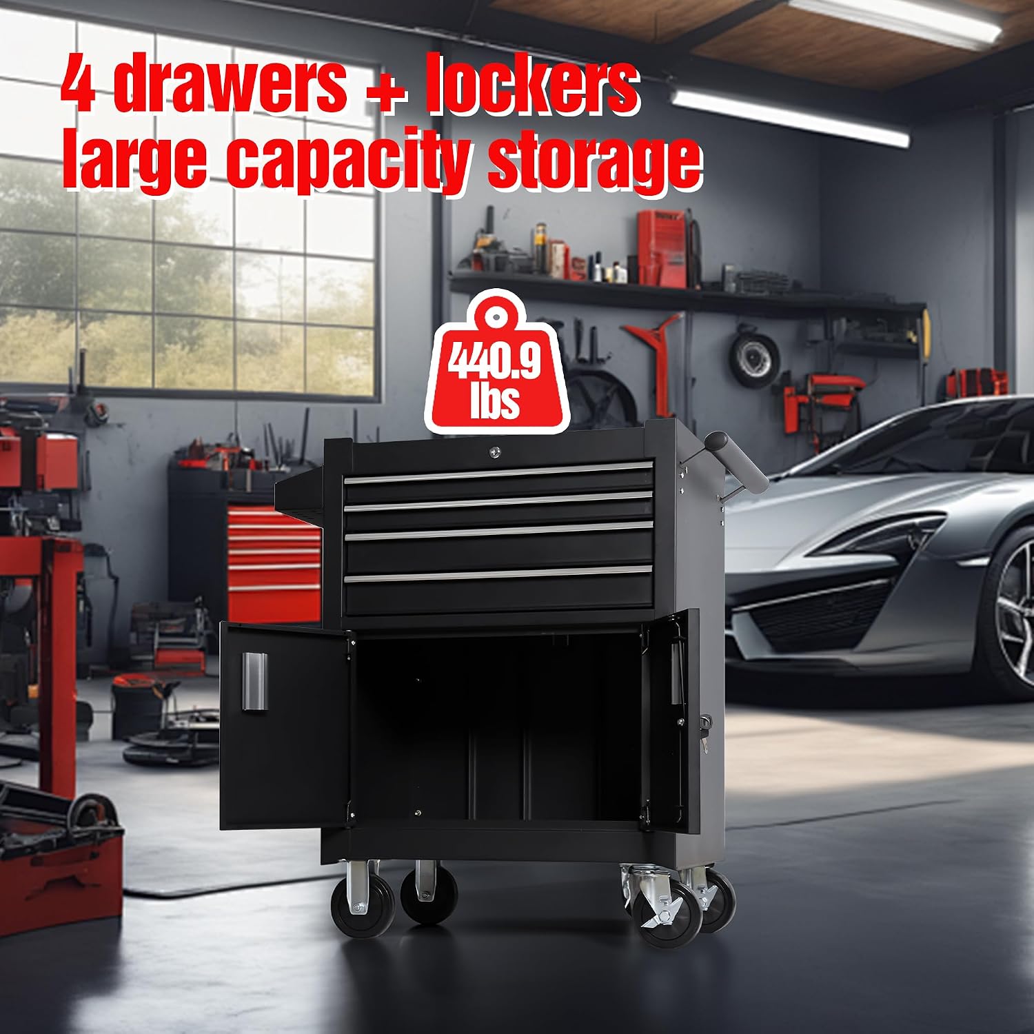 4-Drawer Rolling Tool Chest with Cabinet, Heavy Duty Metal Tool Box on Wheels, Lockable Rolling Tool Cabinet with Drawers & Doors, Garage Tool Storage Organizer for Workshop, Repair Shop