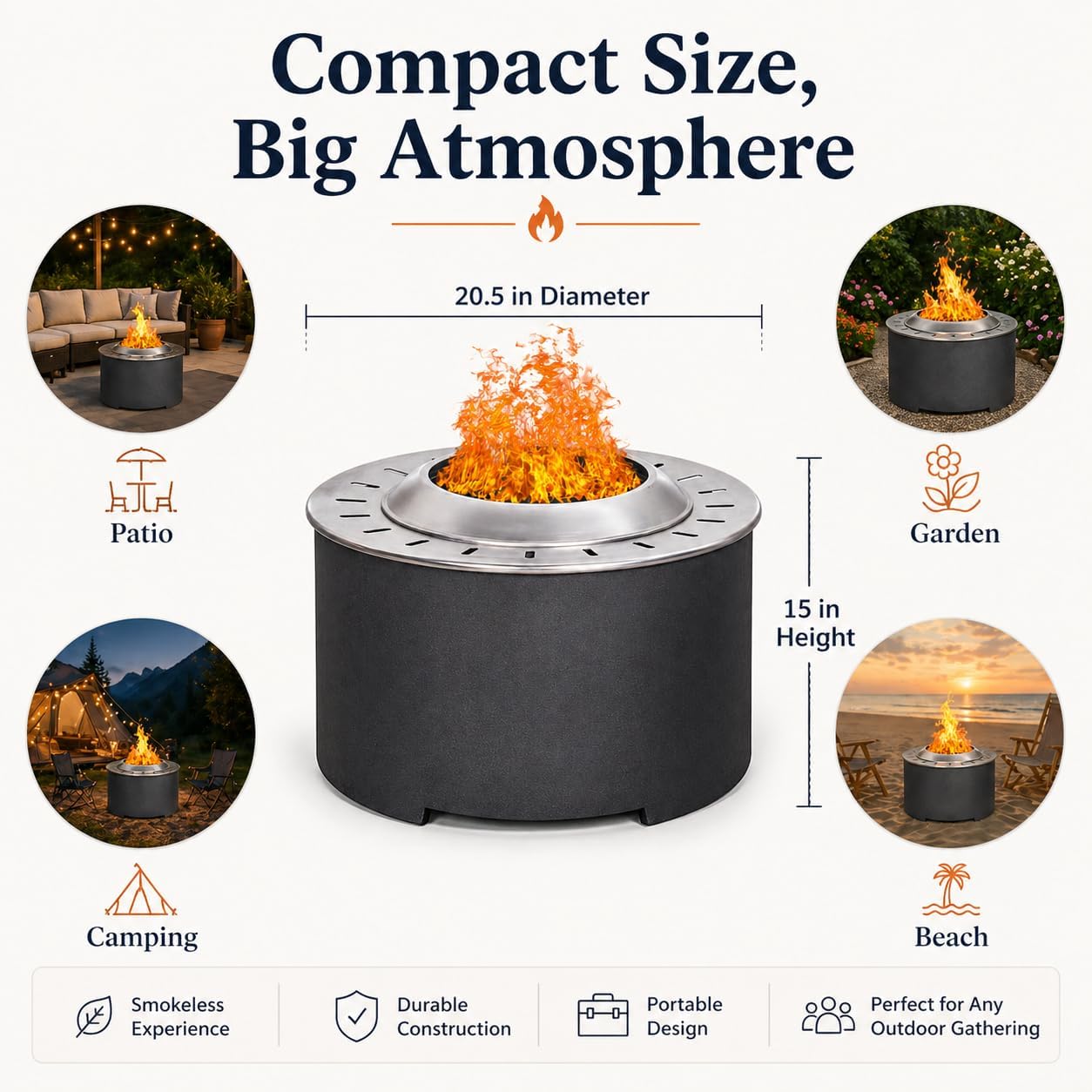 Afterglow Smokeless Fire Pit, 20.5' Round Wood Burning Stainless Steel Top & TerraFab Base, Firepit with Weather Cover Perfect for Outdoor Patio Garden, Dark Grey