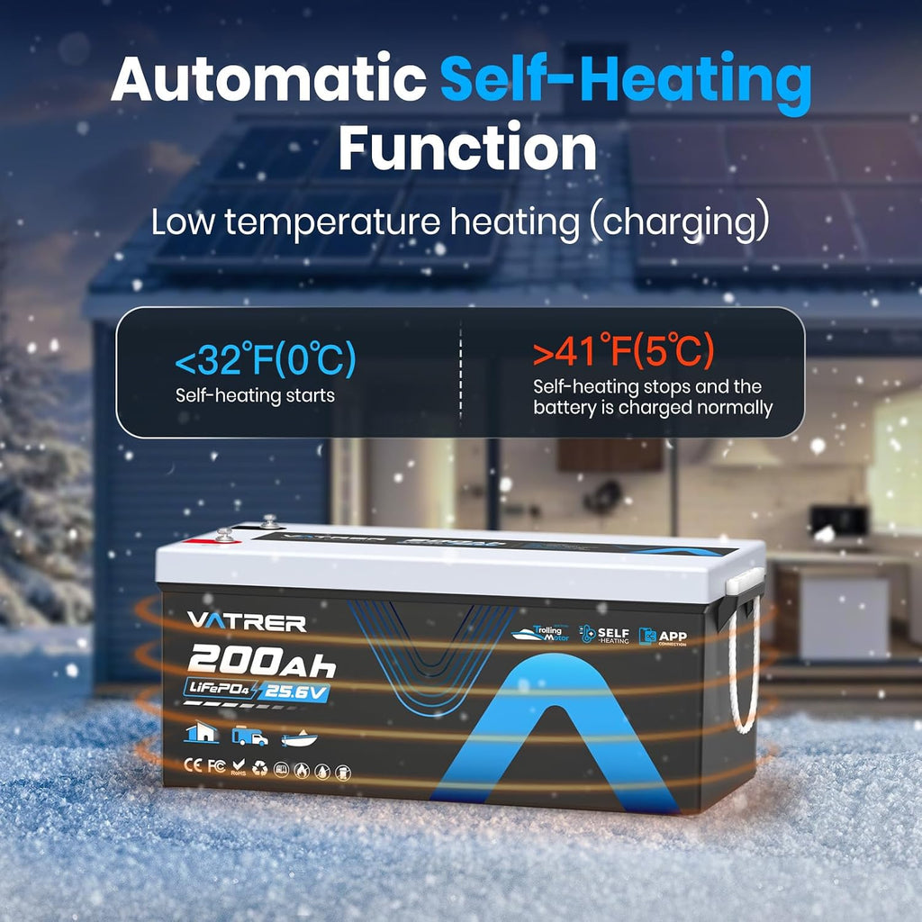 24V 200AH Low/High Temp Cutoff LiFePO4 Lithium Battery with Self-Heating & APP Monitoring, Built-in 200A BMS, Rechargeable Battery with 5.12kW for Trolling Motor, RV/Camper, Solar,Home,Off-Grid,Backup