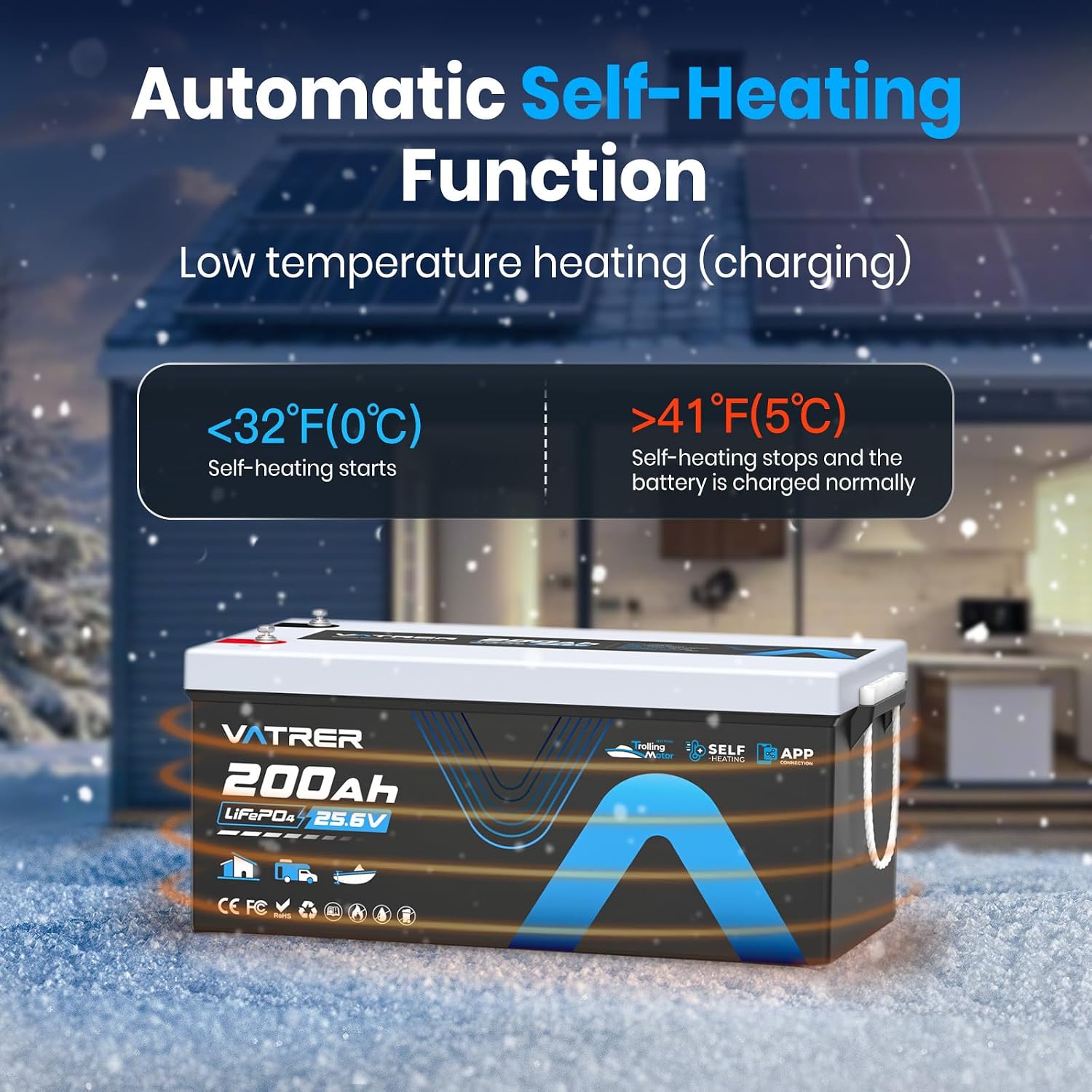 24V 200AH Low/High Temp Cutoff LiFePO4 Lithium Battery with Self-Heating & APP Monitoring, Built-in 200A BMS, Rechargeable Battery with 5.12kW for Trolling Motor, RV/Camper, Solar,Home,Off-Grid,Backup
