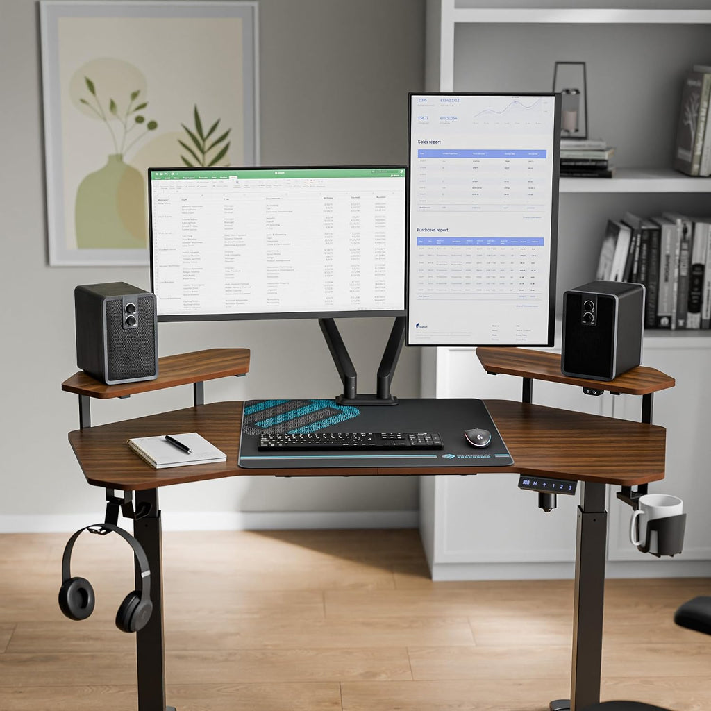 EUREKA ERGONOMIC Aero 55 Inch W Shaped Electric Standing Desk, Height Adjustable Computer Gaming Desk with LED Monitor Shelf, Mouse Pad, Headphone Hook, Cup Holder, Dark Walnut