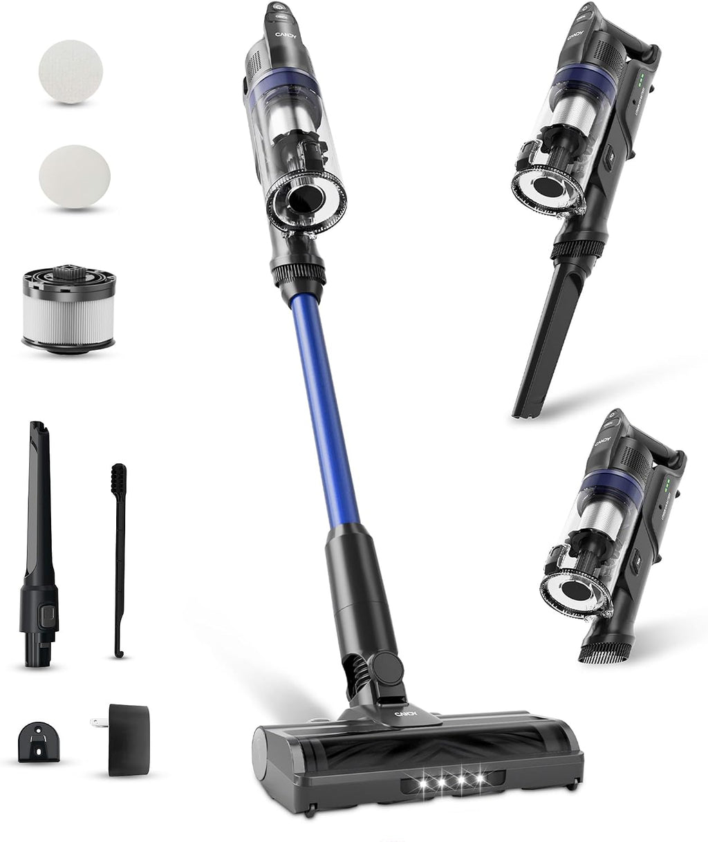 CANDY Cordless Vacuum Cleaner, 45Mins Stick Vacuum for Home, Strong Suction, Removable Battery, Anti-Tangle, One Click Clean, Lightweight Handheld for Hardwood Floor Carpet Pet Hair Car, Blue
