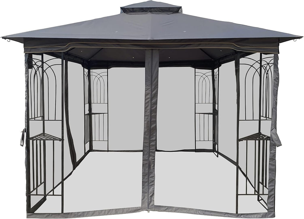 10x10 Outdoor Patio Gazebo, Heavy Duty Soft Top Gazebo with Shelves and Netting, Waterproof Canopy Gazebo with Galvanized Steel Frame and Double Roof, Metal Gazebo for Deck, Backyard, Porch (Gray)