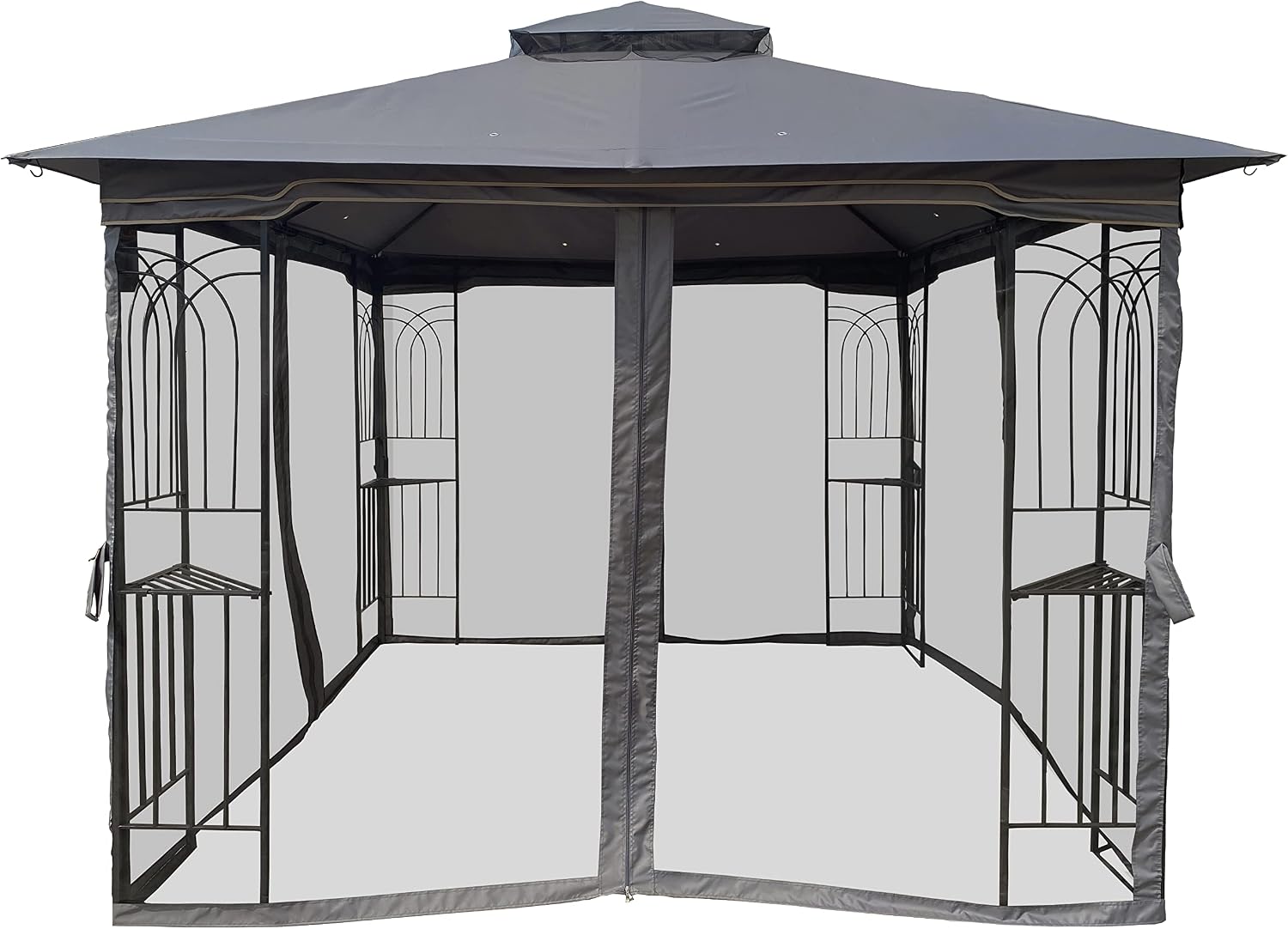 10x10 Outdoor Patio Gazebo, Heavy Duty Soft Top Gazebo with Shelves and Netting, Waterproof Canopy Gazebo with Galvanized Steel Frame and Double Roof, Metal Gazebo for Deck, Backyard, Porch (Gray)