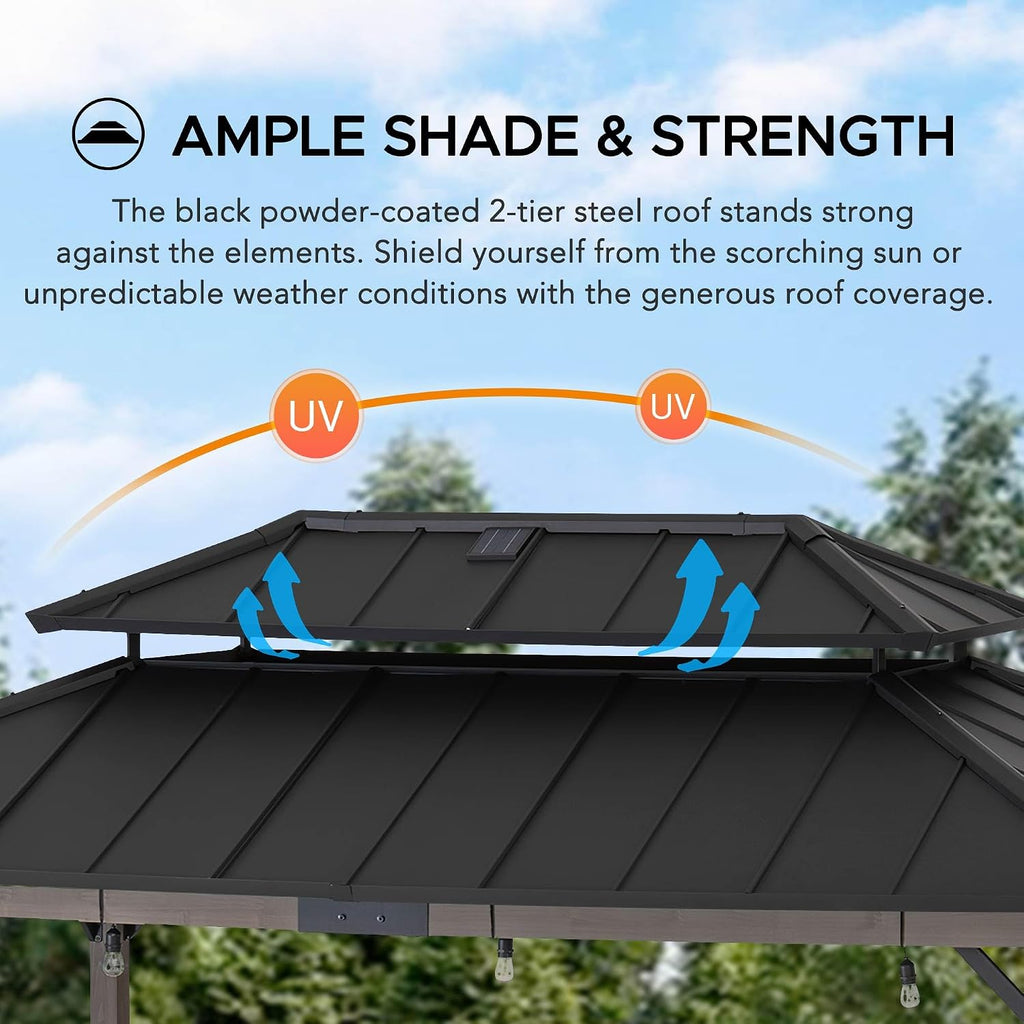 Sunjoy Wooden Grill Gazebo, 8 x 12 ft. Steel Hardtop Gazebo with Solar Power for Year-Round Grilling - 2 Full Size Grills, Griddles or Smokers - Outdoor Cooking Shelter for Backyard BBQs Party, Black