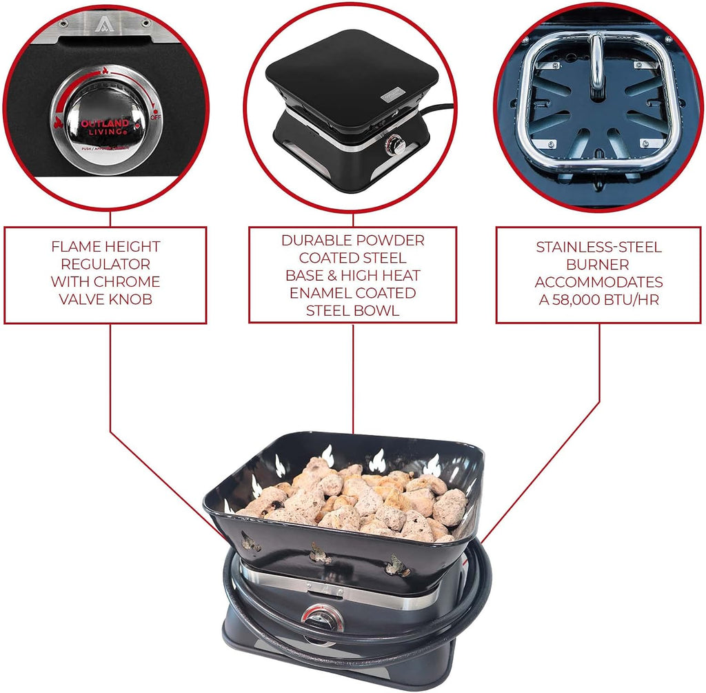 Outland Living Firebowl 805 Firecube 14' Portable Square Smokeless Propane Fire Pit – Outdoor Gas Fire Pit with Cover & Carry Kit, Lava Rocks, 58,000 BTU, Black