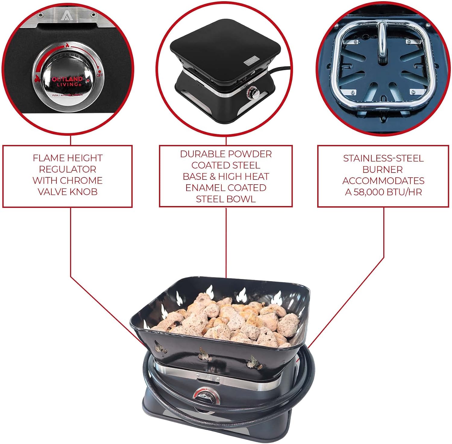 Outland Living Firebowl 805 Firecube 14' Portable Square Smokeless Propane Fire Pit – Outdoor Gas Fire Pit with Cover & Carry Kit, Lava Rocks, 58,000 BTU, Black
