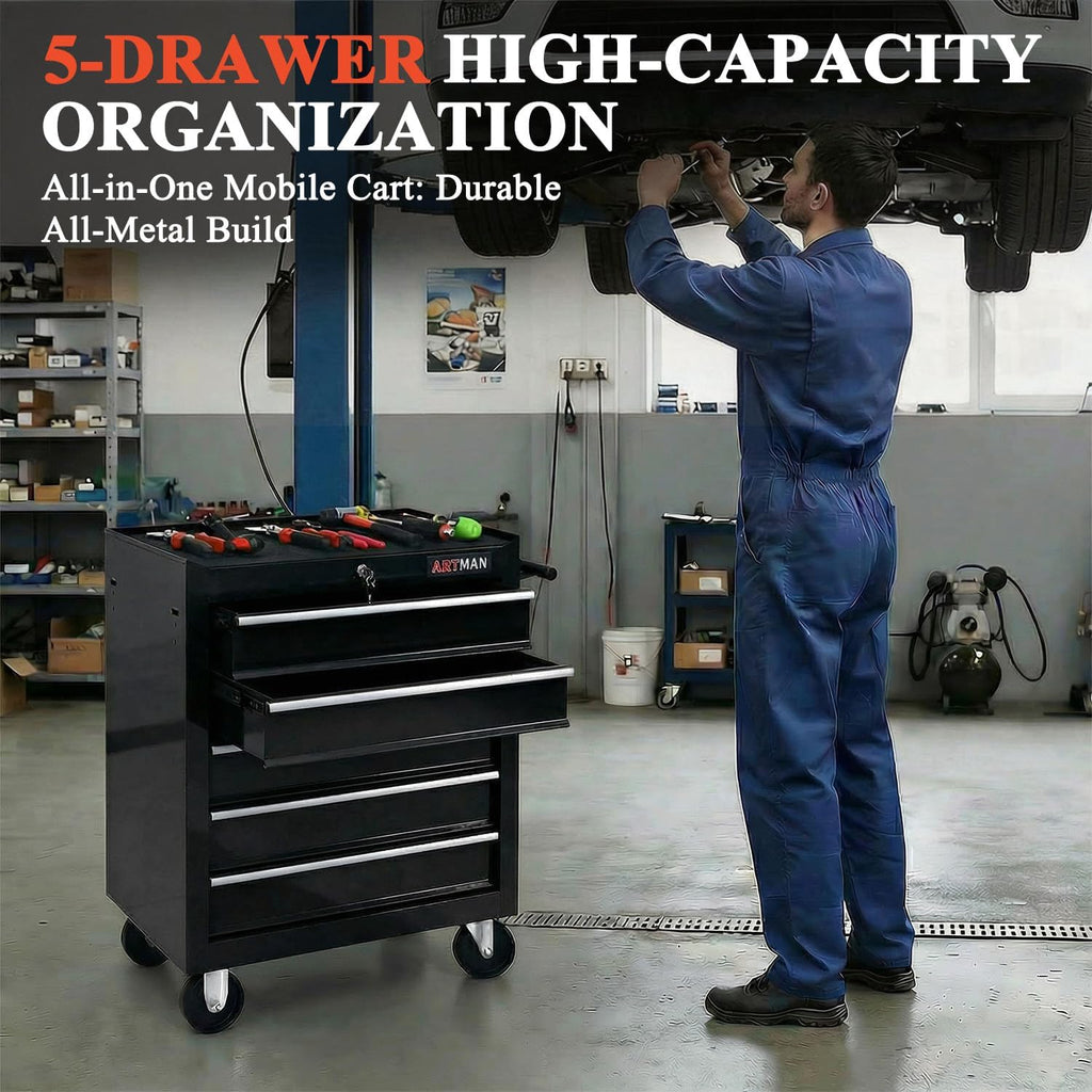 5 Drawers Tool Cart on Wheels, Rolling Tool Chest Tool Storage, Drawers Rolling Tool Trolley Organizer Tool Case for Garage, Warehouse, Workshop, Repair Shop (5 Drawers-Black)