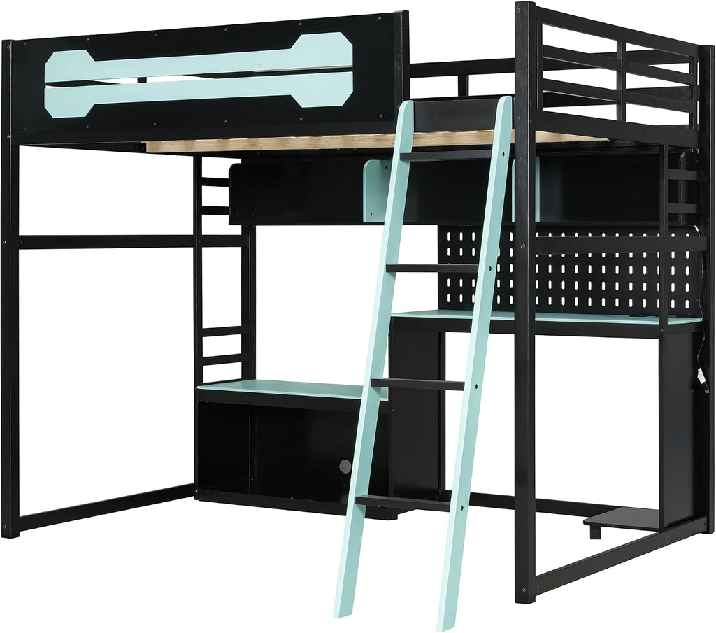 Harper & Bright Designs Full Size Wood Gaming Loft Bed with Desk and Storage Shelves, Modern Low Loft Bed Frame with LED Lights, USB Ports and Pegboard for Kids Teens Adults, Black+Blue