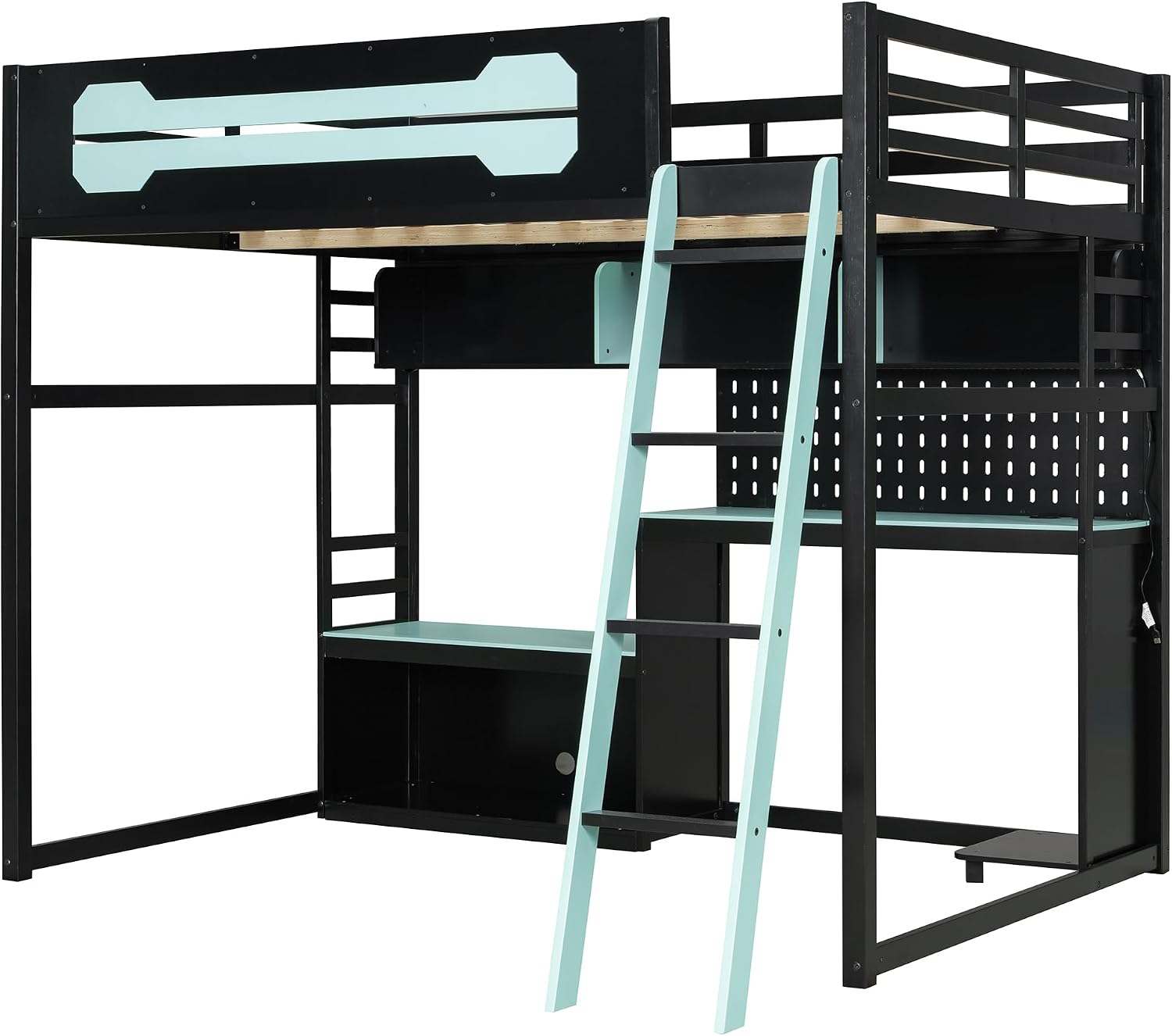 Harper & Bright Designs Full Size Wood Gaming Loft Bed with Desk and Storage Shelves, Modern Low Loft Bed Frame with LED Lights, USB Ports and Pegboard for Kids Teens Adults, Black+Blue