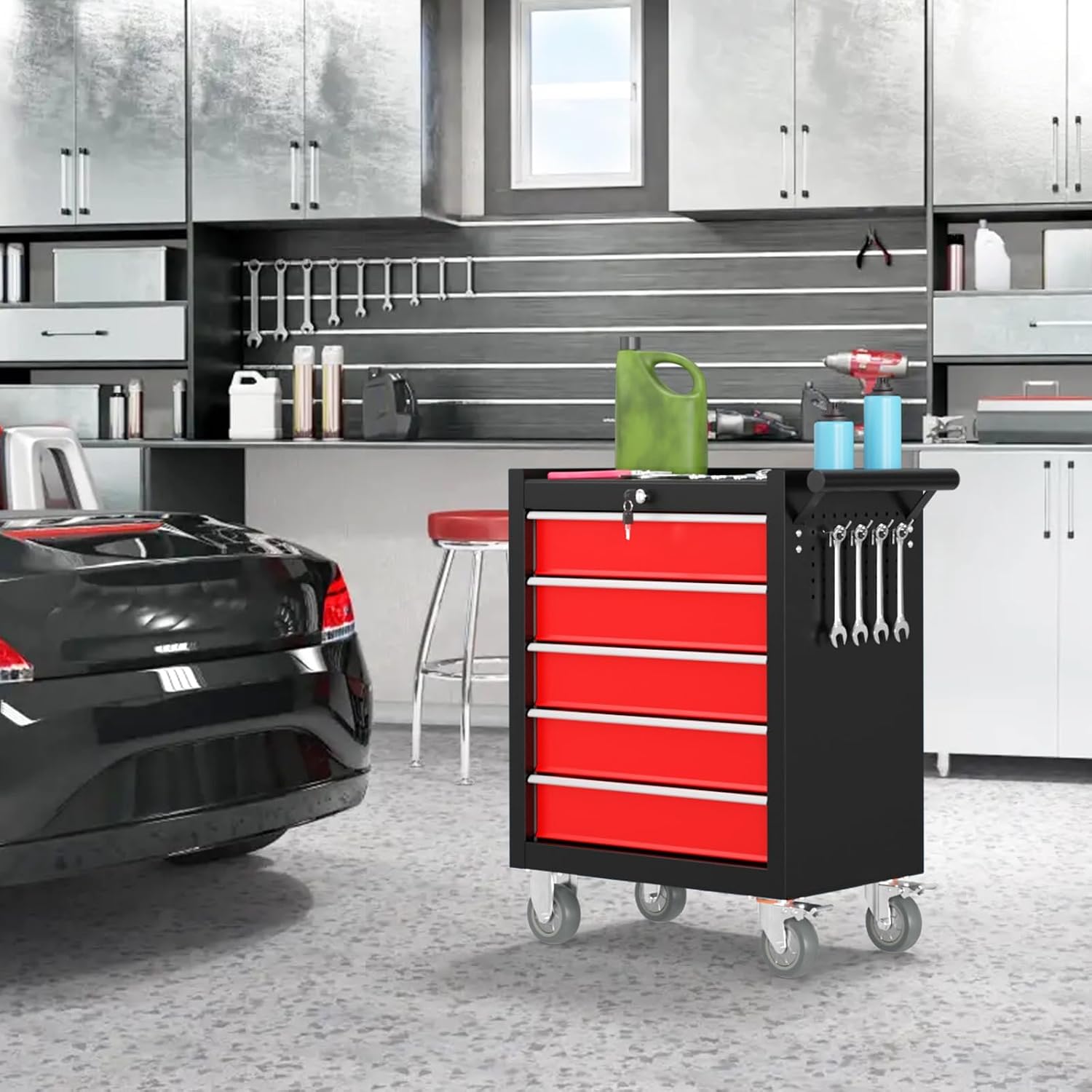 5 Drawers Rolling Tool Box, Portable Storage Tool Chest with Wheels, Rolling Tool Box with Lock for Warehouse, Garage, Repair Shop and Tool Room