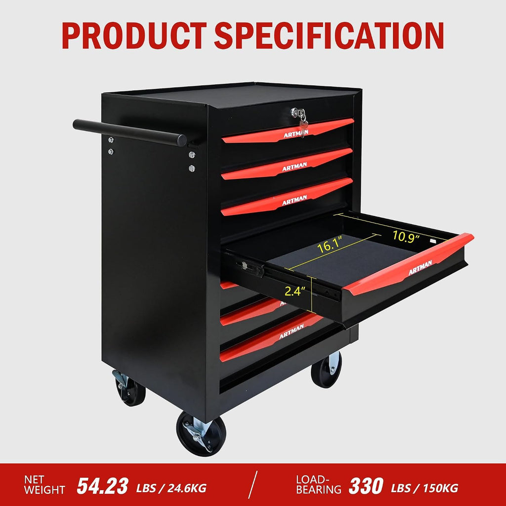 7 Drawers Tool Cart on Wheels, Multifunctional Rolling Tool Chest, Drawers Mobile Trolley Organizer Heavy Duty Tools Box with Locking Wheels & Ball Bearing Drawers (Black, 7 Drawers)