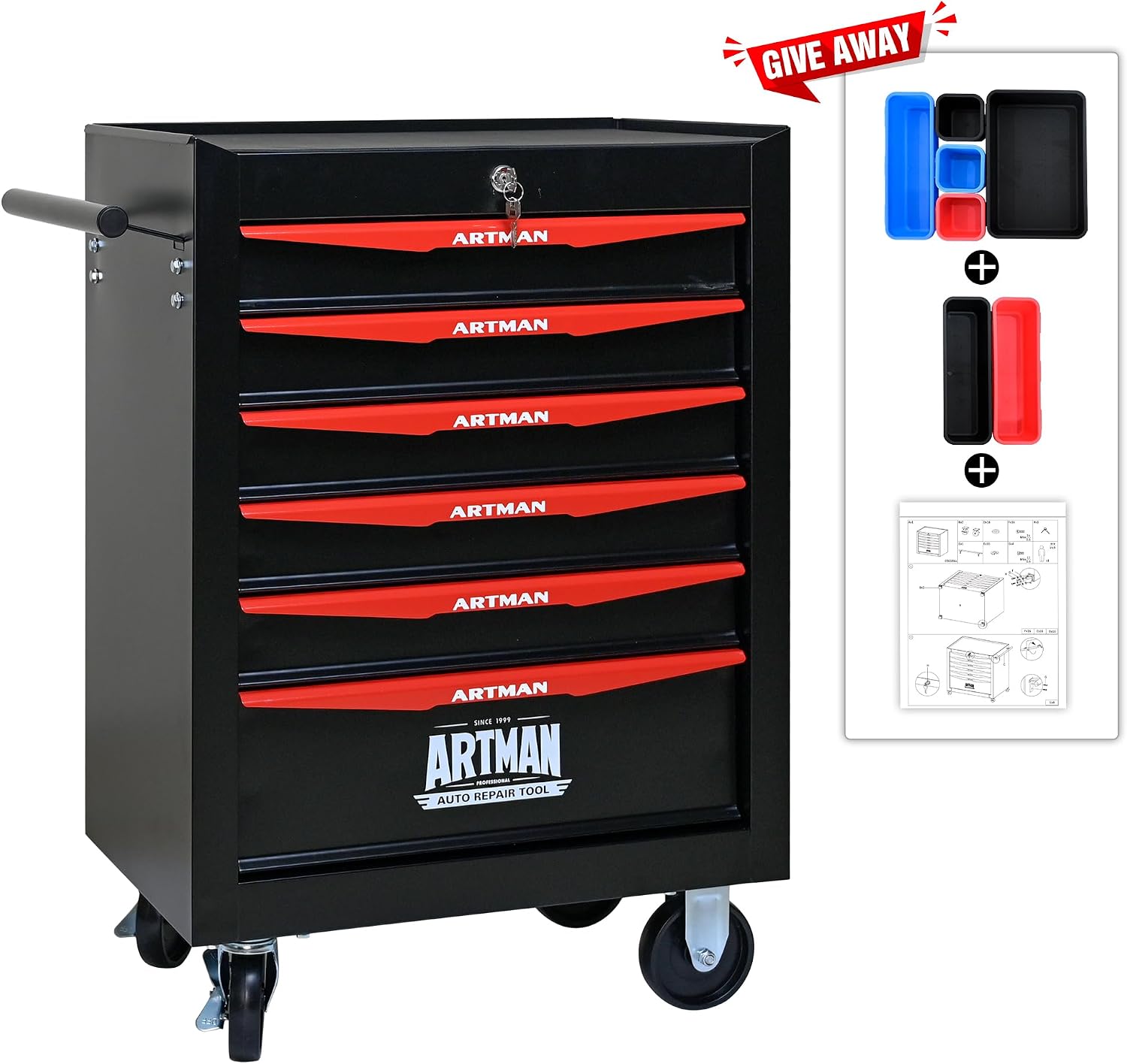 6 Drawers Tool Cart on Wheels, Multifunctional Rolling Tool Storage Chest, Drawers Rolling Trolley Organizer Tool Box for Warehouse, Garage, Workshop, Repair Shop (6 Drawers-30.5' H)