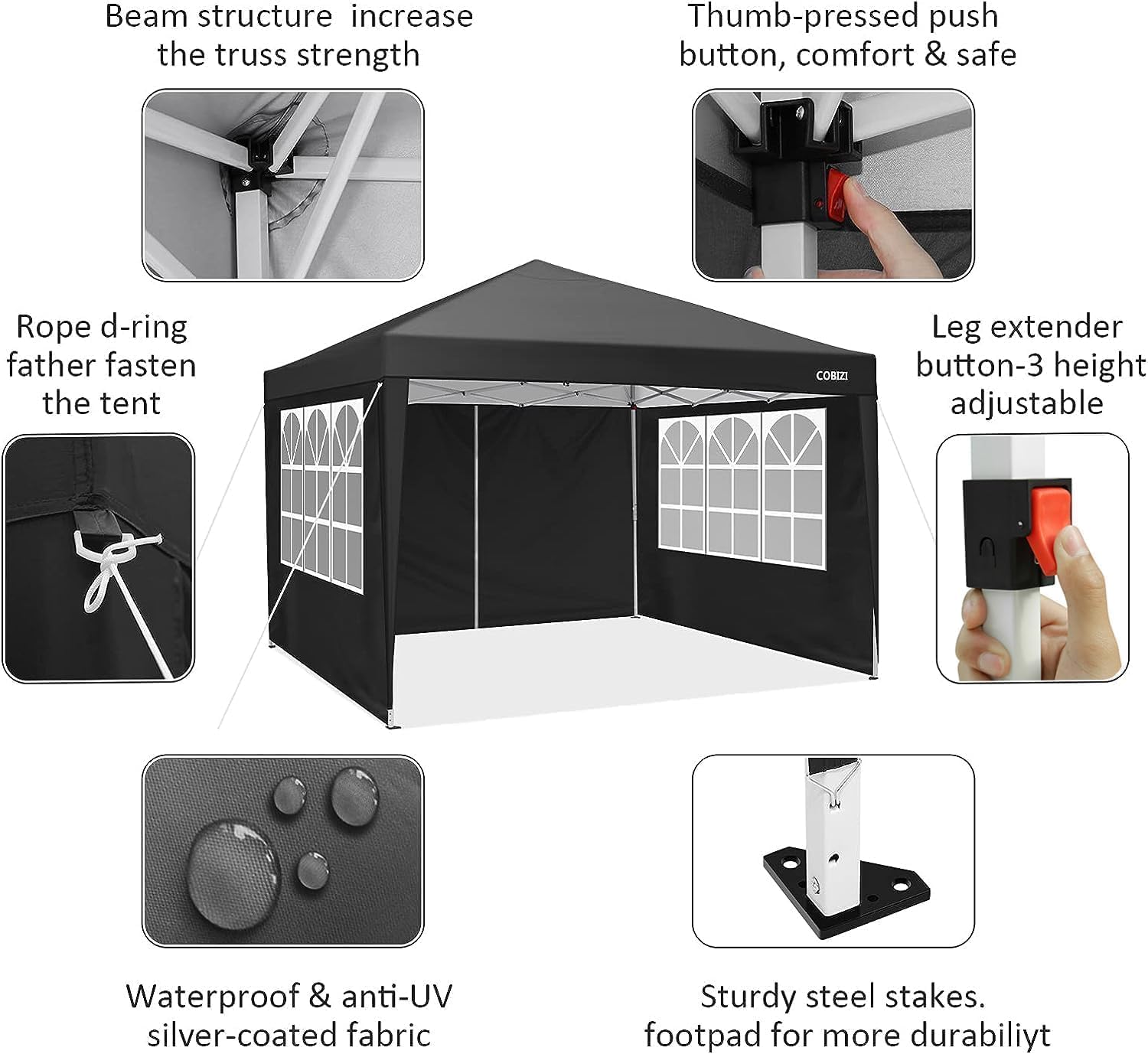 COBIZI 10x10 Pop up Canopy Tent Protable Canopy Tent with 4 Sidewalls Waterproof Commercial Instant Shelter for Parties, Wedding, Courtyard with Carry Bag(10x10FT with 4 Sides, Black)