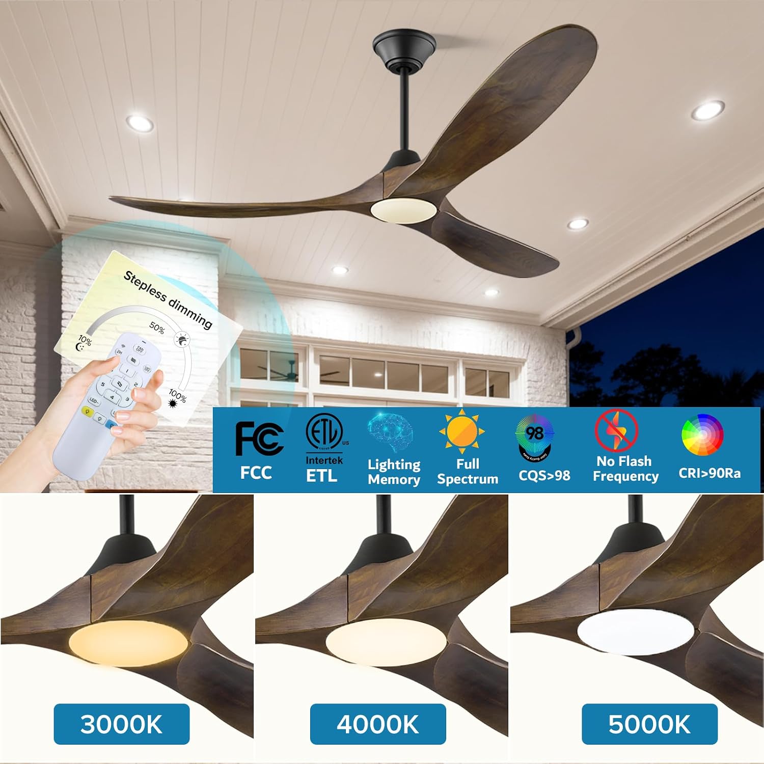 60 Inch Outdoor Ceiling Fan with Light, Damp Rated for Patio, Smart Alexa/App/Remote Control, 3 Walnut Wood Propeller Blades, High 8268 CFM Quiet DC Motor, Modern Farmhouse for Indoor Exterior Porch